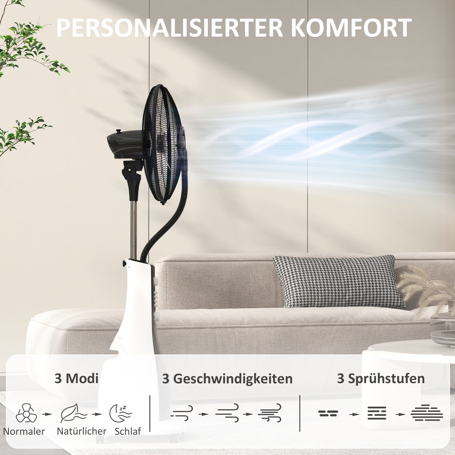 Vattenkylningsfläkt med dimma, fjärrkontroll & 3L tank, 90W, 125cm