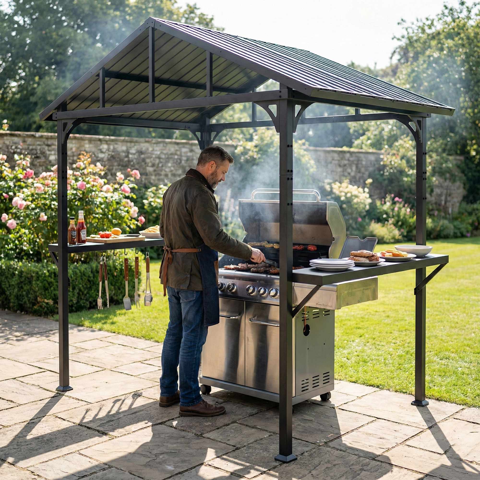 Vattentät grillpaviljong med stålram och hyllor