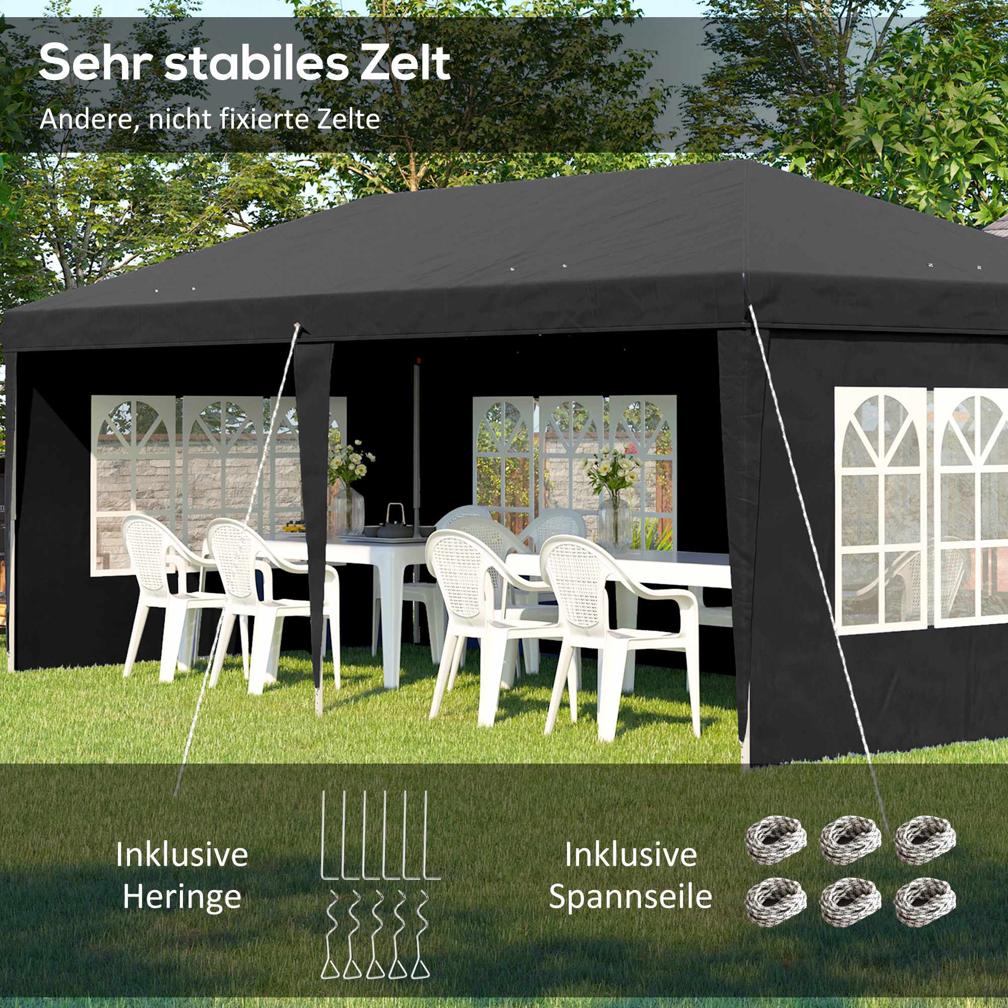 Vattentät popup-paviljong 3x6m med UV-skydd, svart