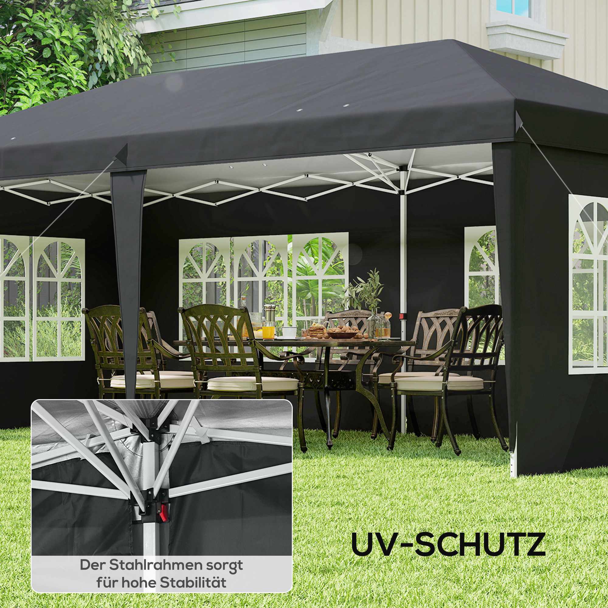 Vattentät popup-paviljong 3x6m med UV-skydd, svart