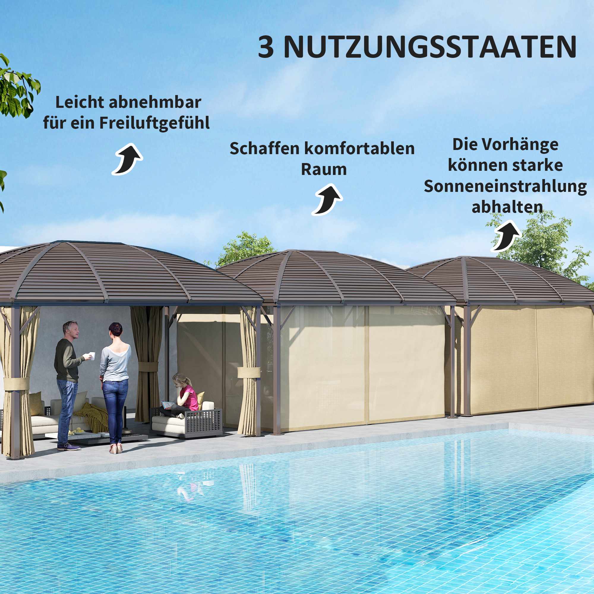 Vattentät trädgårdspaviljong, 4 x 3 x 2,8 m, brun