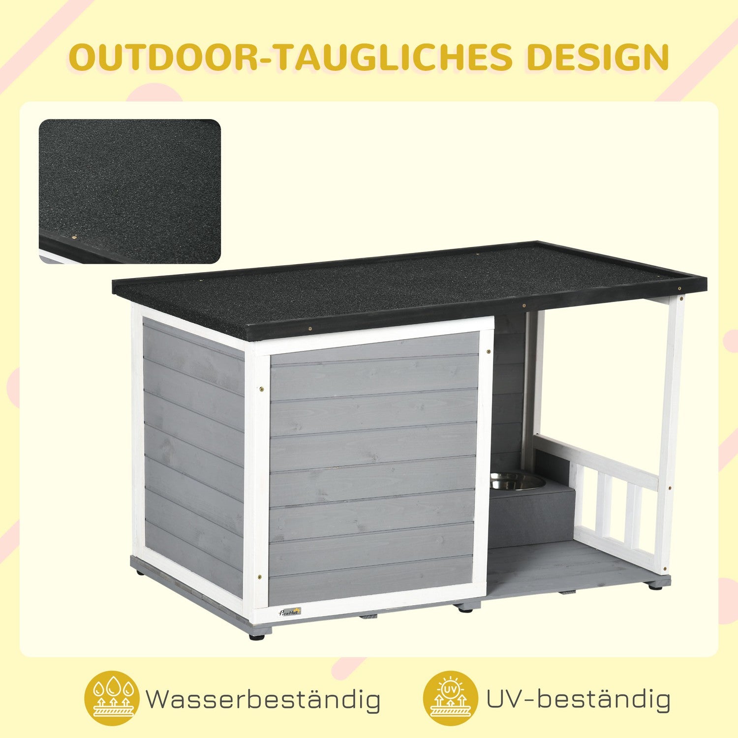 Väderbeständig Gran Wood Dog House med terrass och skålar