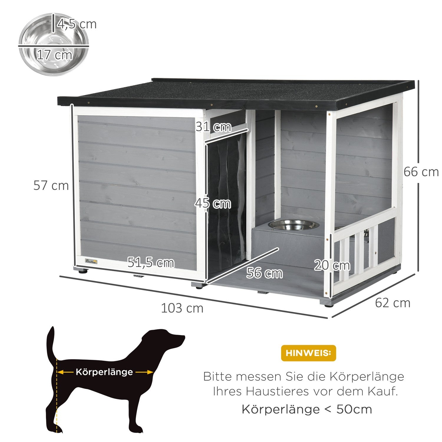 Väderbeständig Gran Wood Dog House med terrass och skålar