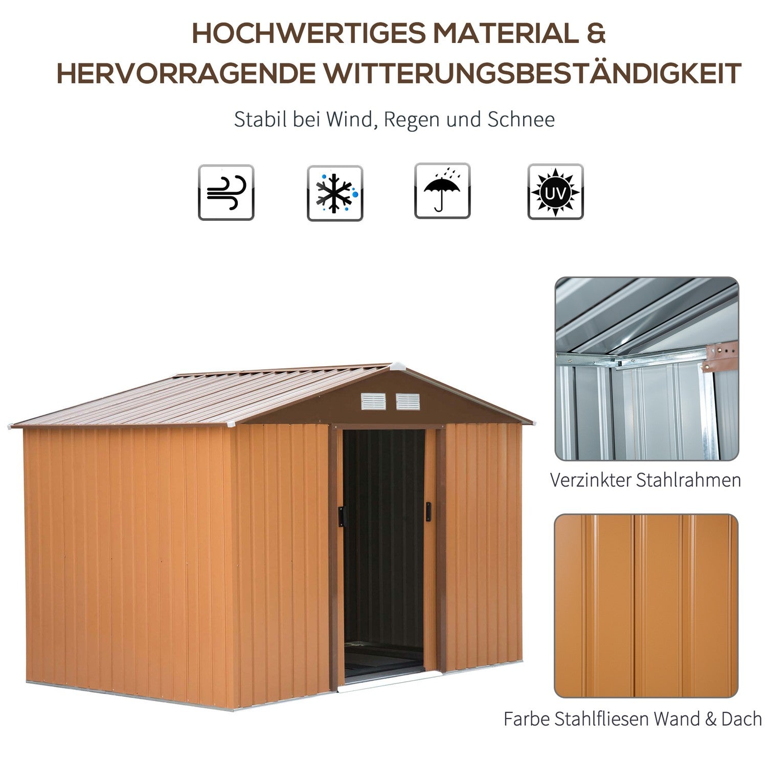 Väderbeständig metall trädgårdsskjul med foundation, gul
