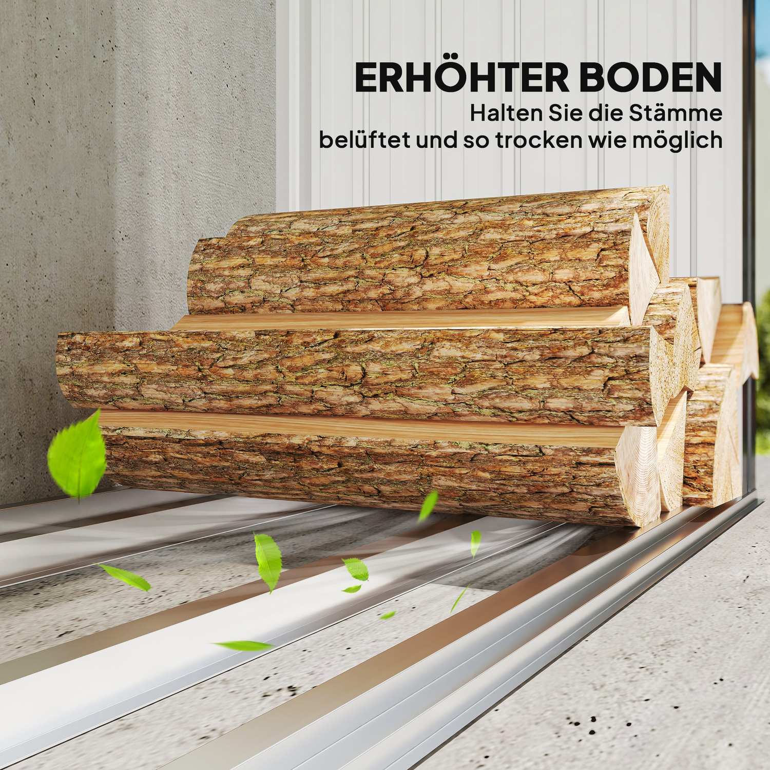Vedbod, stål, förhöjt golv, sluttande tak, 150x66,5x150 cm