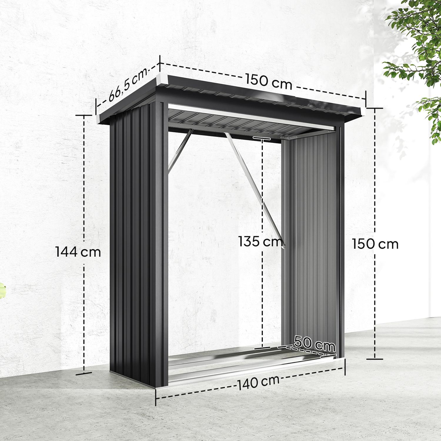 Vedbod, stål, förhöjt golv, sluttande tak, 150x66,5x150 cm