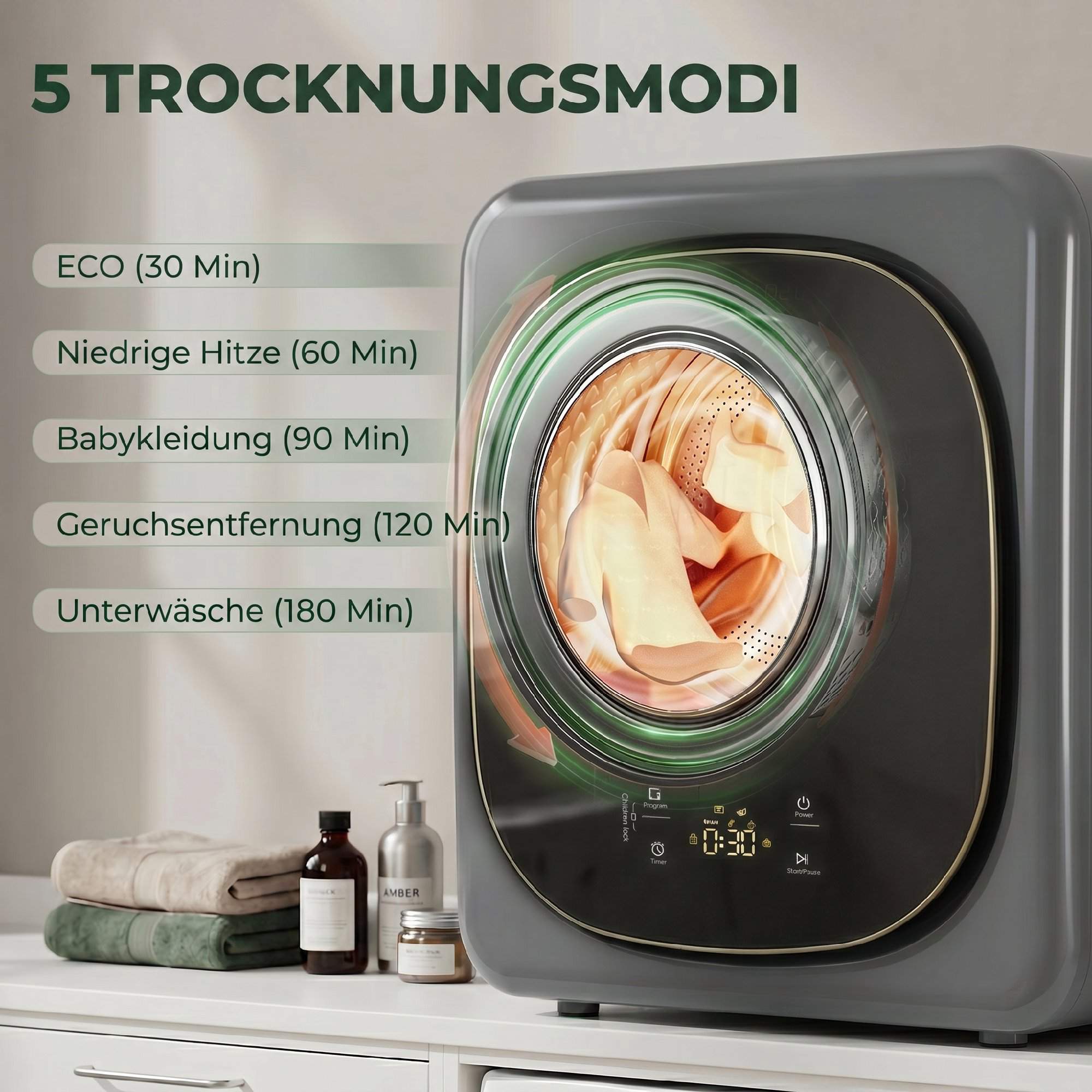 Ventilerad torktumlare, 4 kg kompakt, 5 lägen, timer