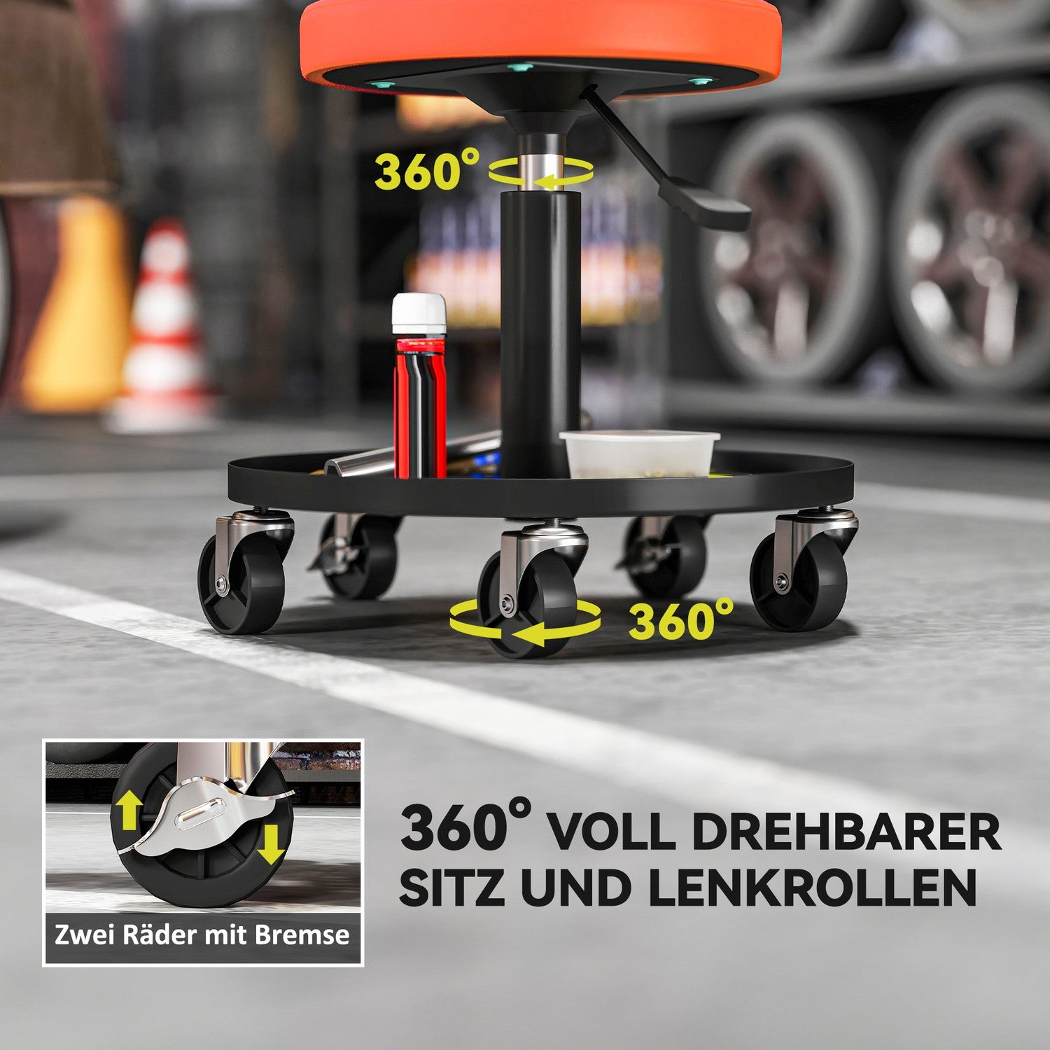 Verkstadspall med hjul, höjdjusterbar från 38-50cm, lastkapacitet upp till 135 kg, Orange