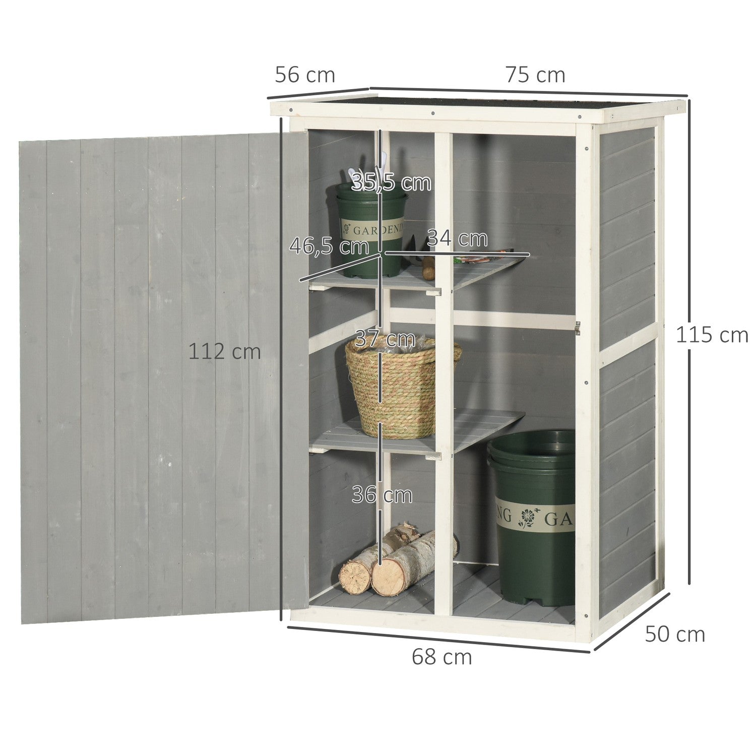 Verktygsförvaring för trädgårdsskjul, gran, 75x56x115cm, svart/grå/vit