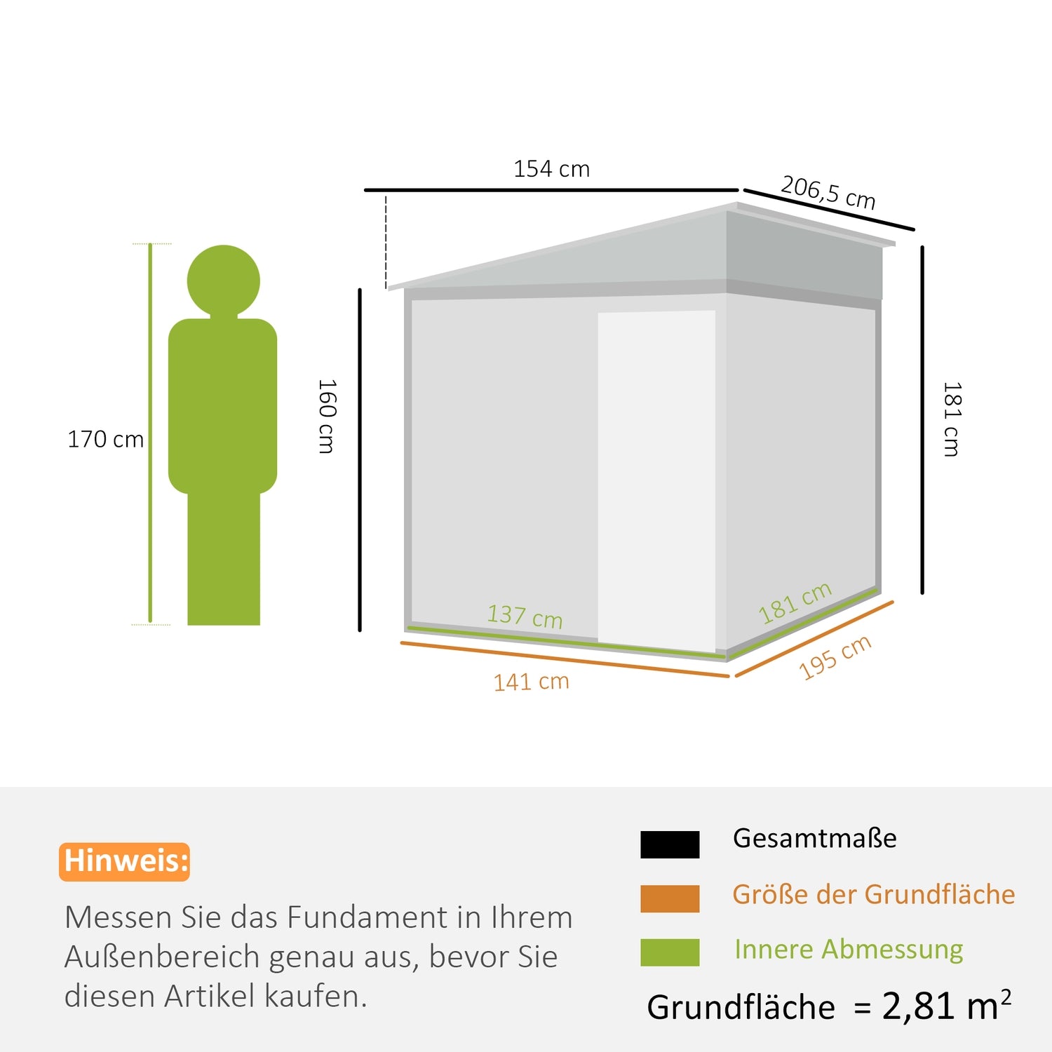 Verktygsskjul i metall 2,81m² 154x206,5x181 cm verktygsbod med takfundament
