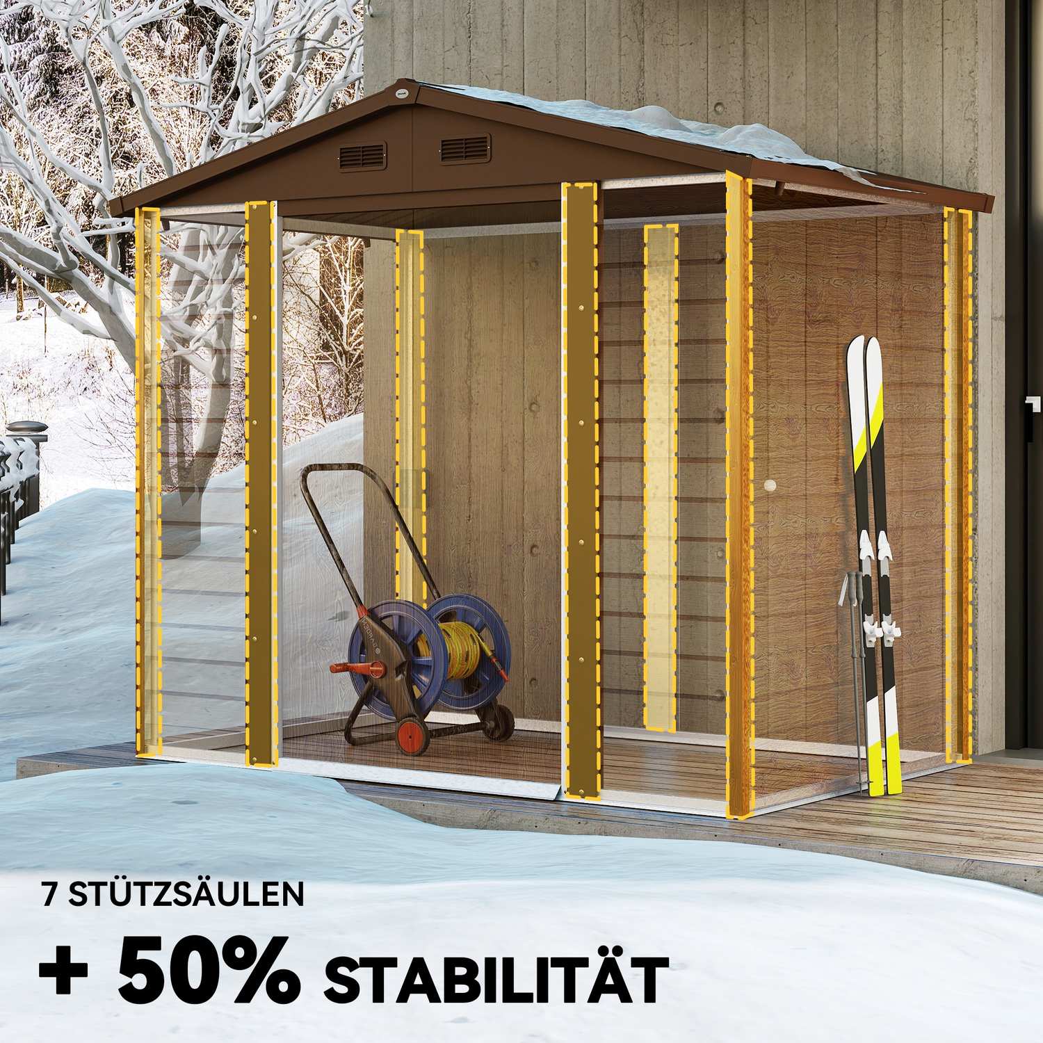 Verktygsskjul i metall med sadeltak, trälook, 3 m²