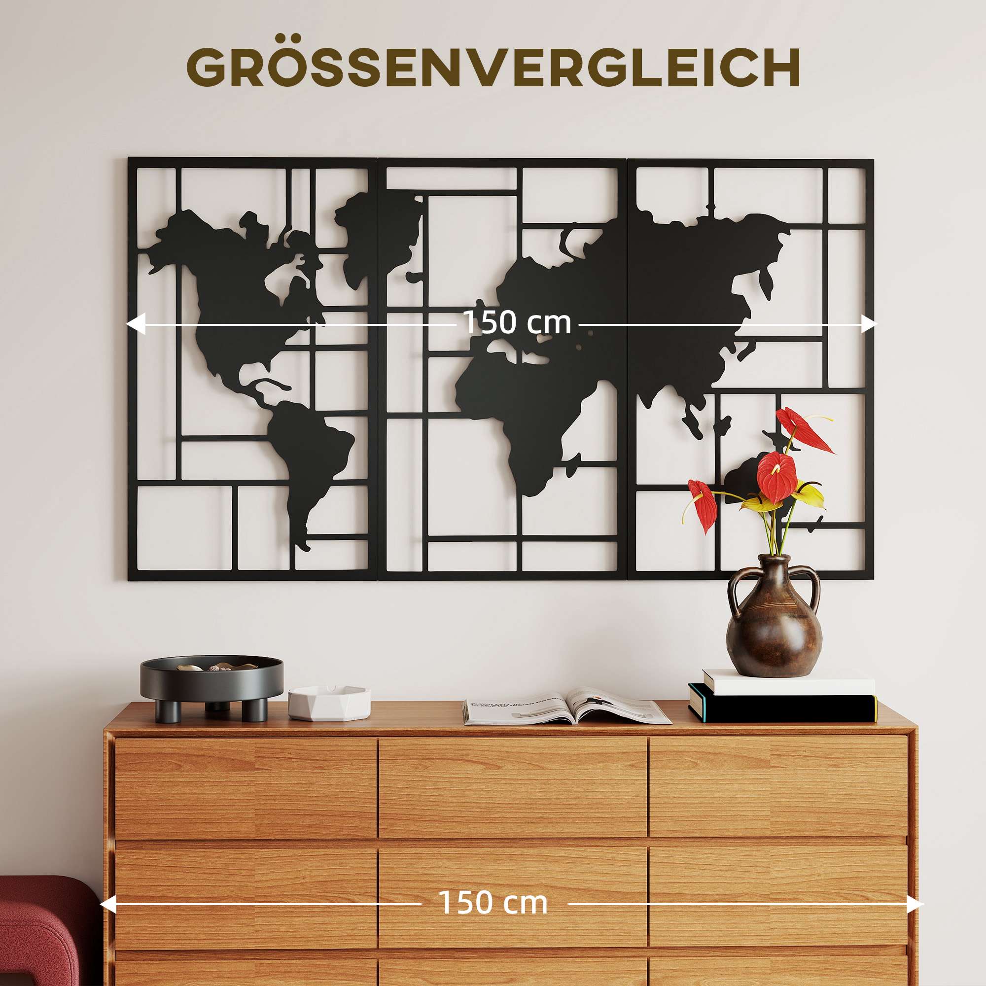 Väggdekorationsset i metall – 3-delad världskarta, 50x80 cm, svart