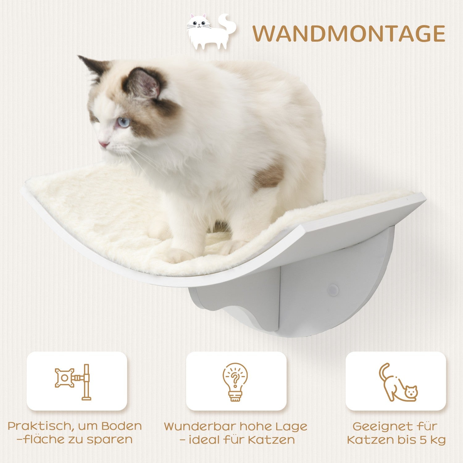 Väggmonterad kattsäng med plyschkudde, vit