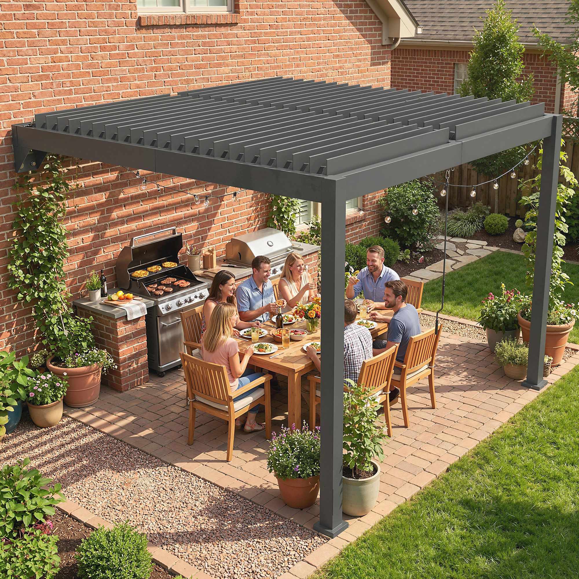 Väggmonterad pergola med lameller, 3x3m, justerbart metalltak