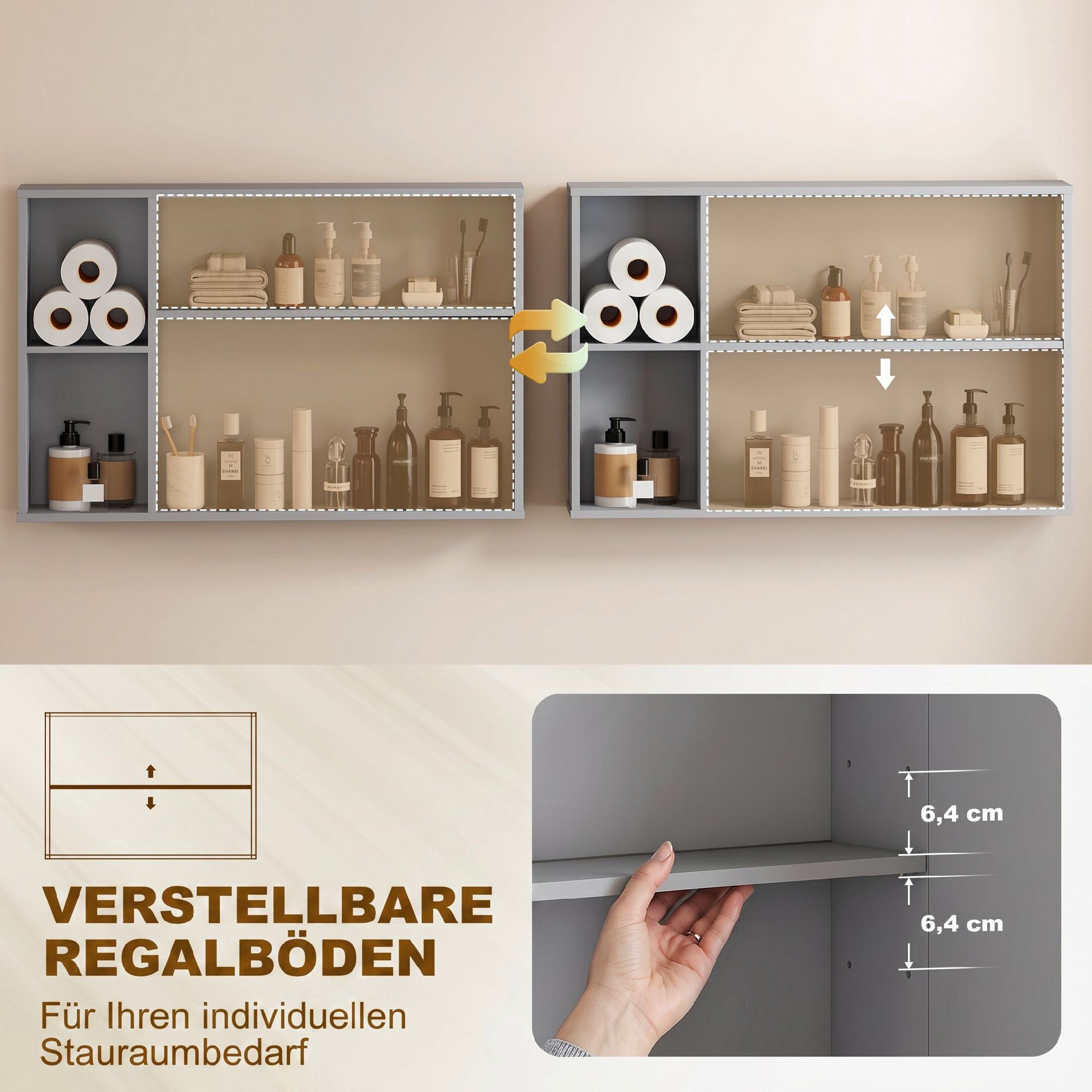 Väggmonterat badrumsspegelskåp, 3 dörrar, grå, justerbar