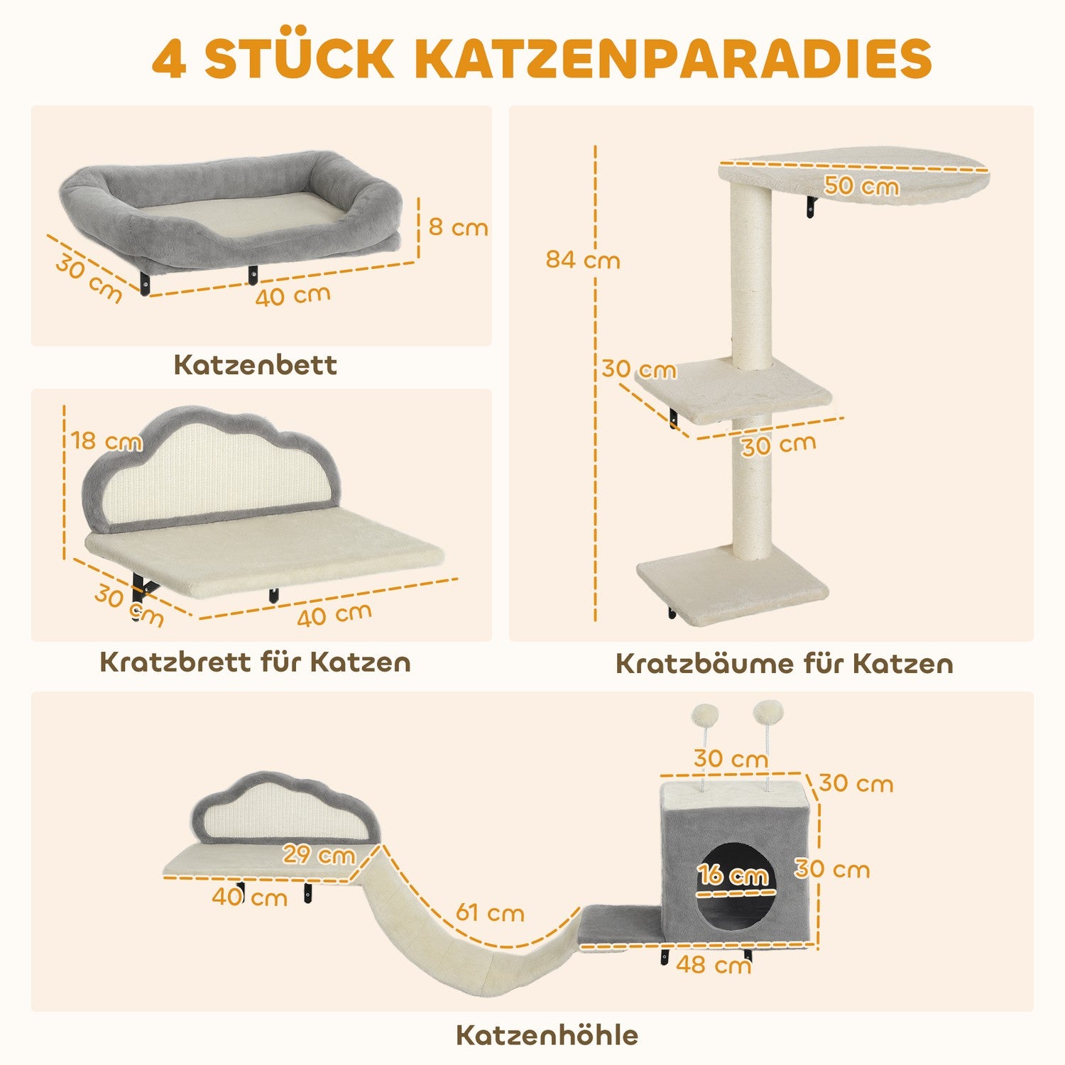 Väggmonterat klösträd, sisal, 4 delar, beige