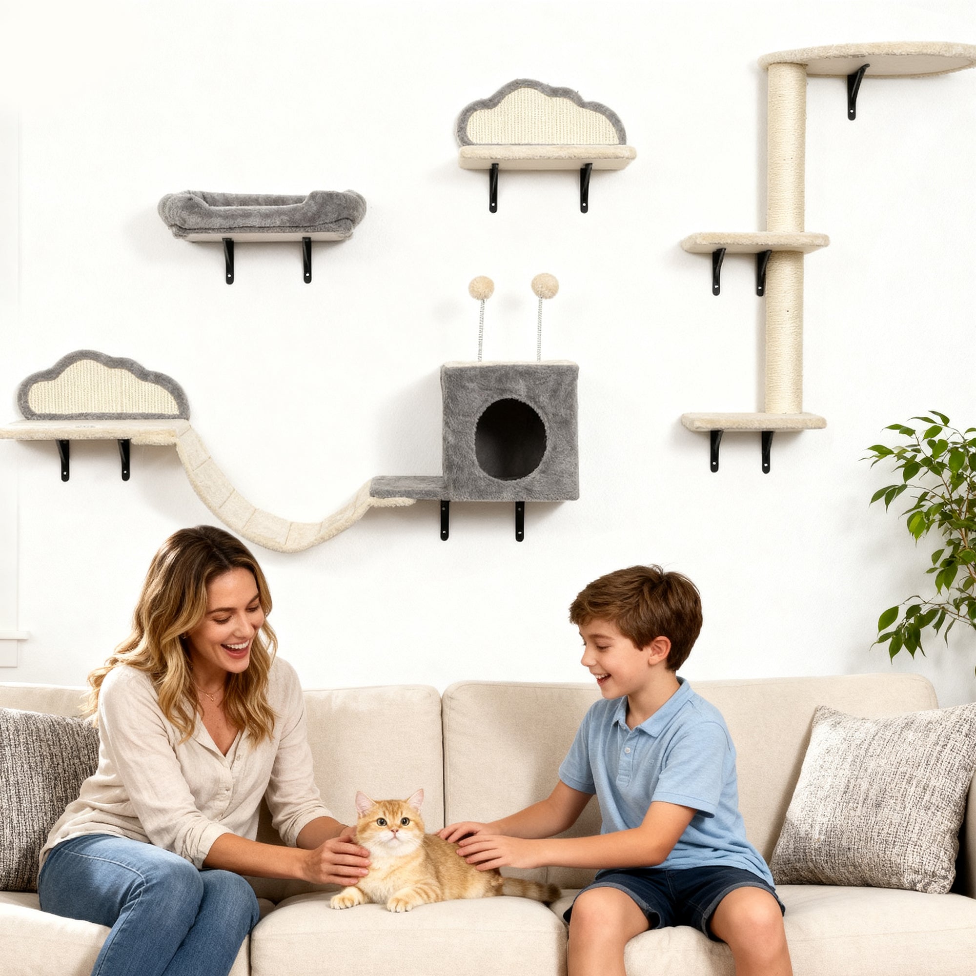 Väggmonterat klösträd, sisal, 4 delar, beige