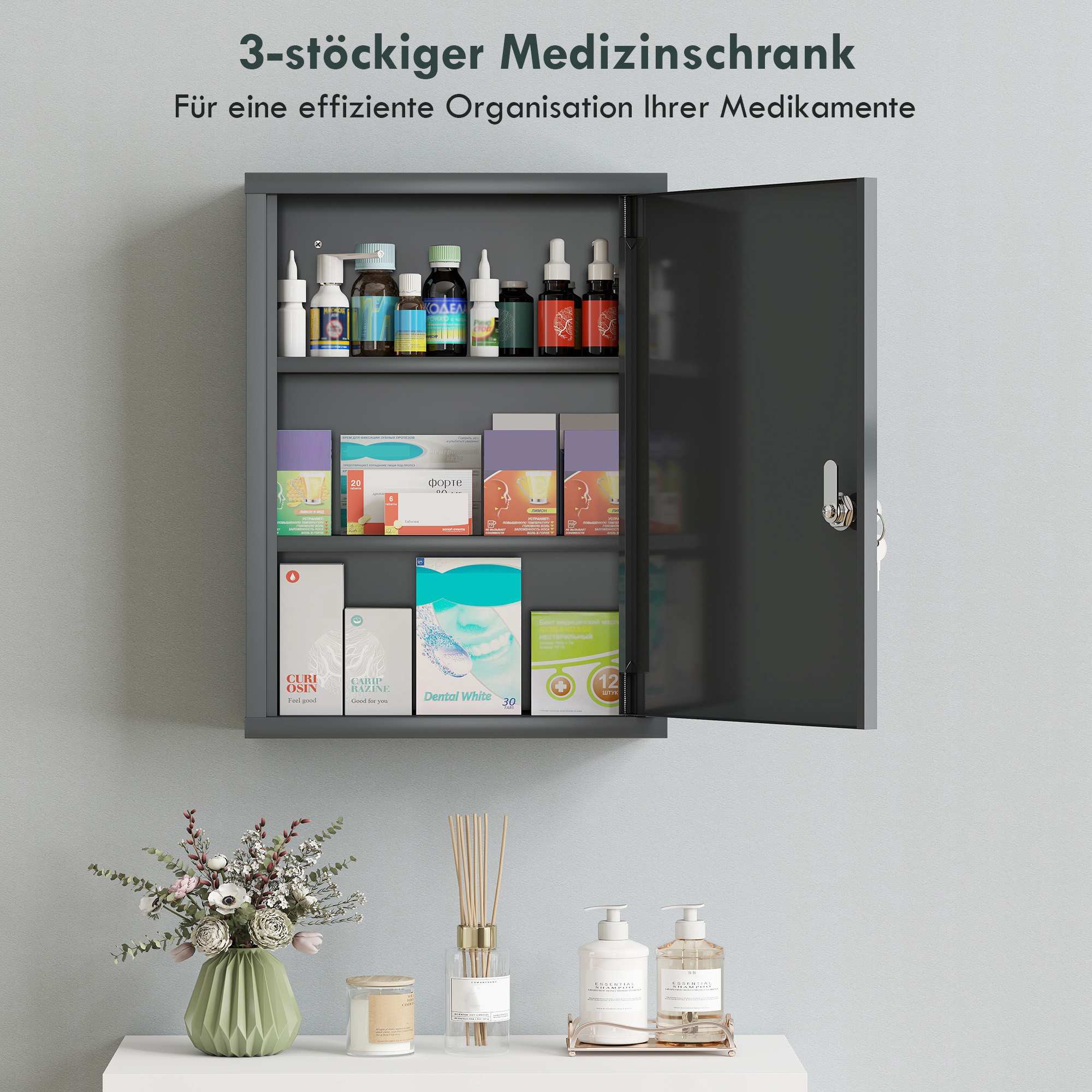 Väggmonterat medicinskåp med lås, 3-våningar stål, 40x15x53,5 cm