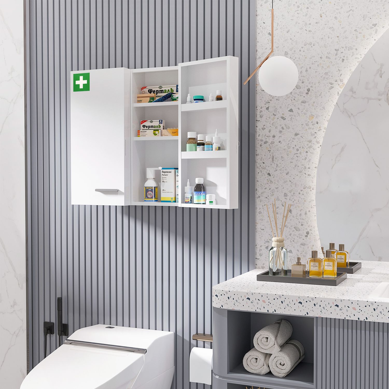 Väggmonterat medicinskåp, stål, vit, 6 hyllplan