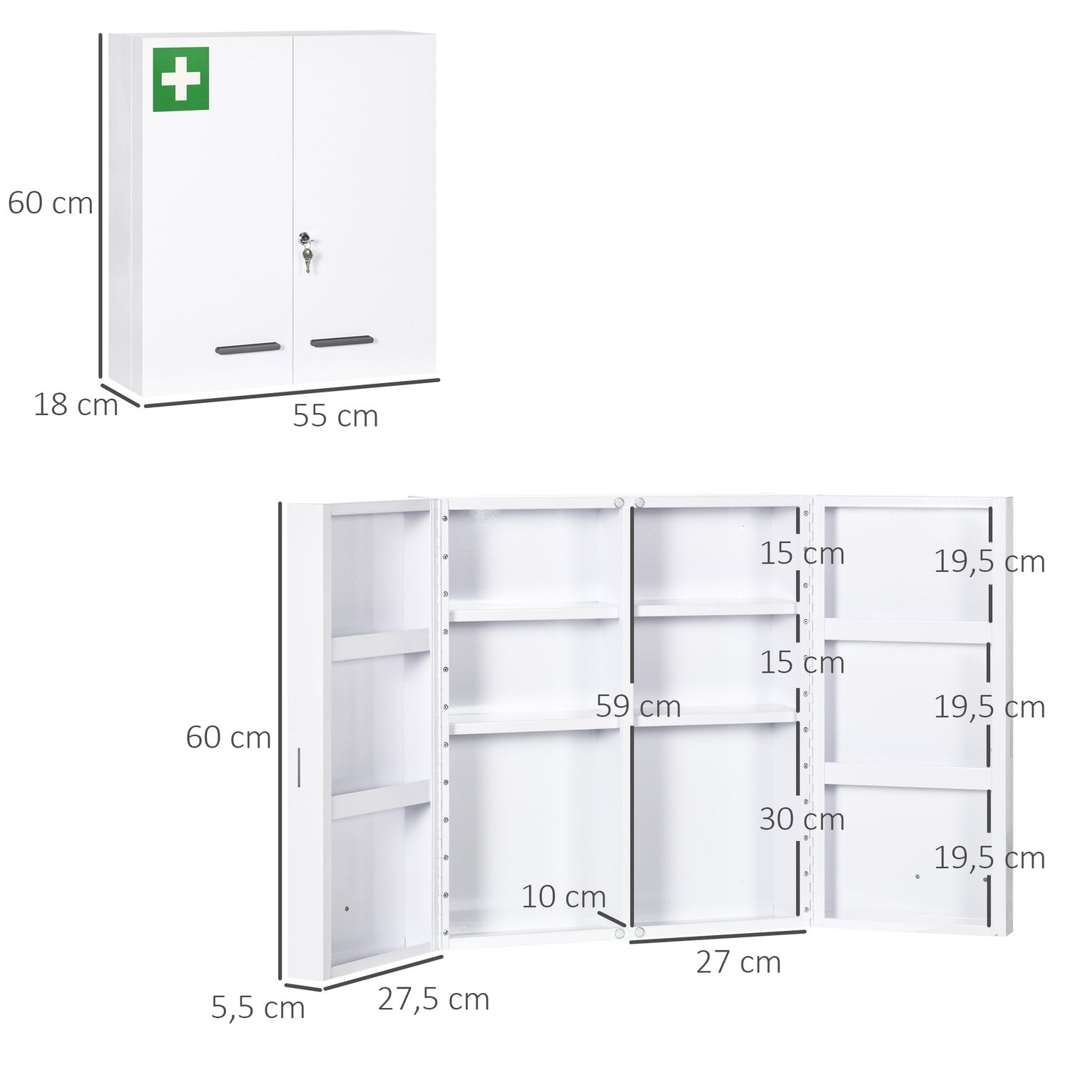 Väggmonterat medicinskåp, stål, vit, 6 hyllplan