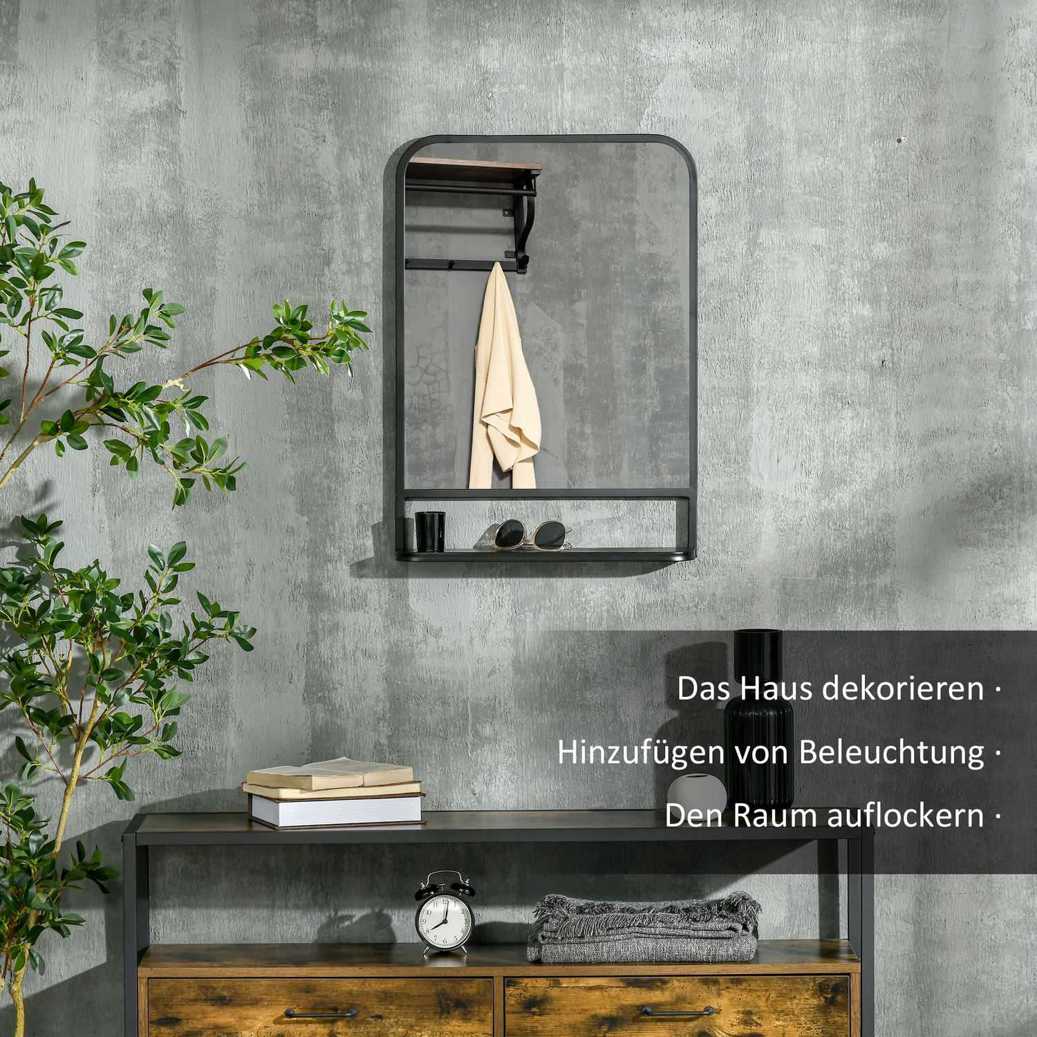 Väggspegel med hylla – 70x50cm, rektangulär, svart