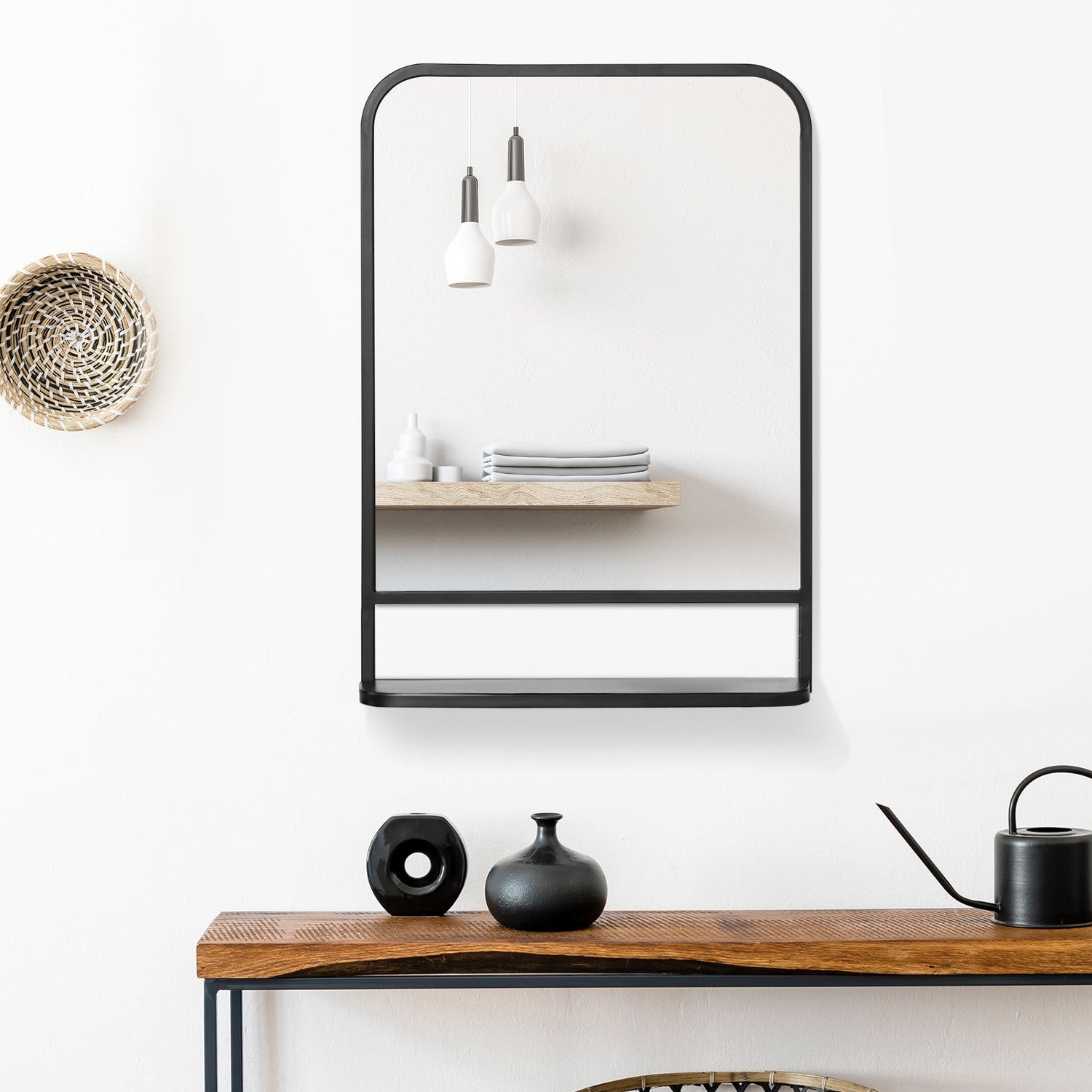 Väggspegel med hylla – 70x50cm, rektangulär, svart