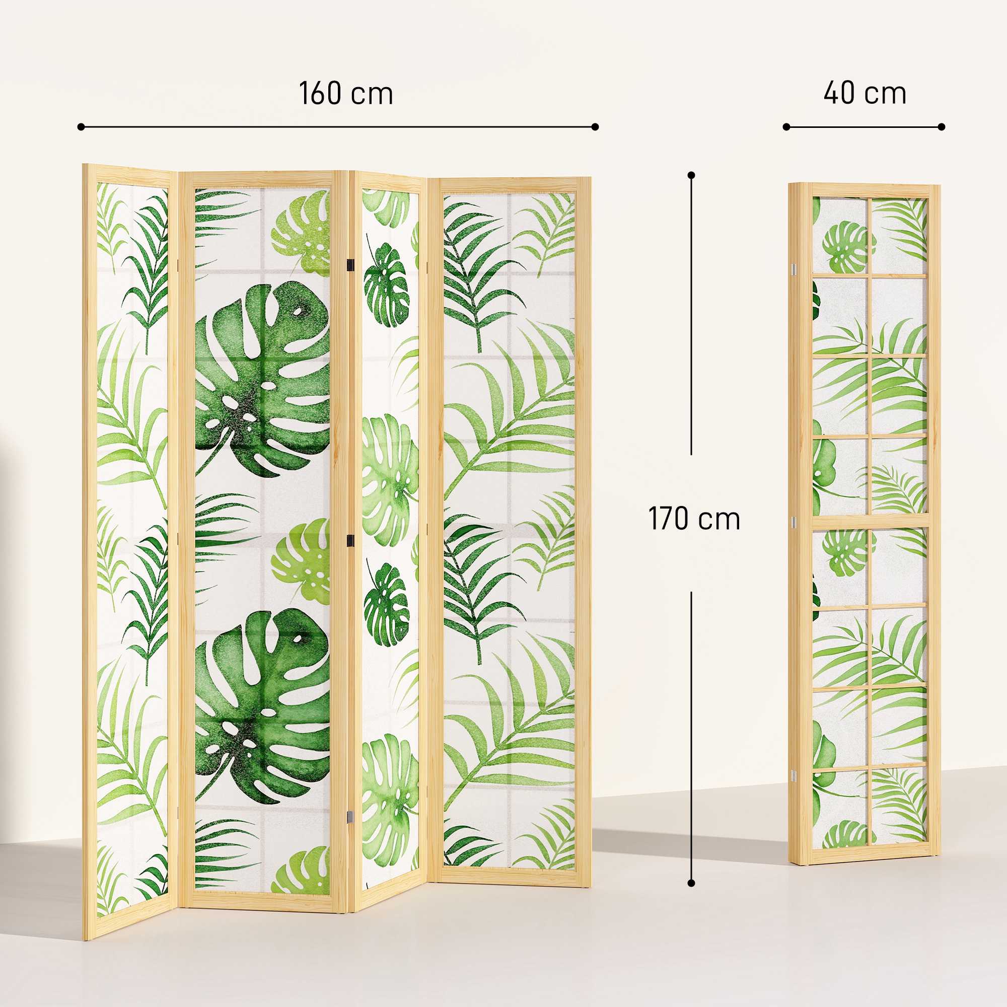 Vikbar rumsavdelare med 4 paneler, bohemisk palmdesign, grön