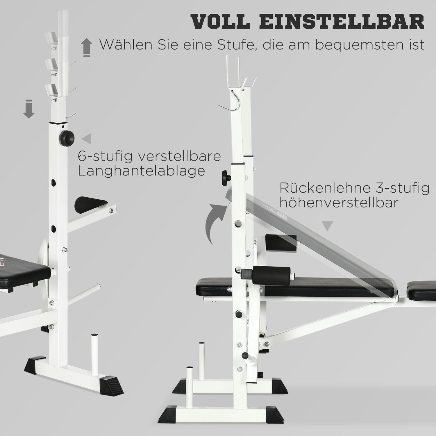 Viktbänk med benpress & hantel, armstöd, svart och vitt