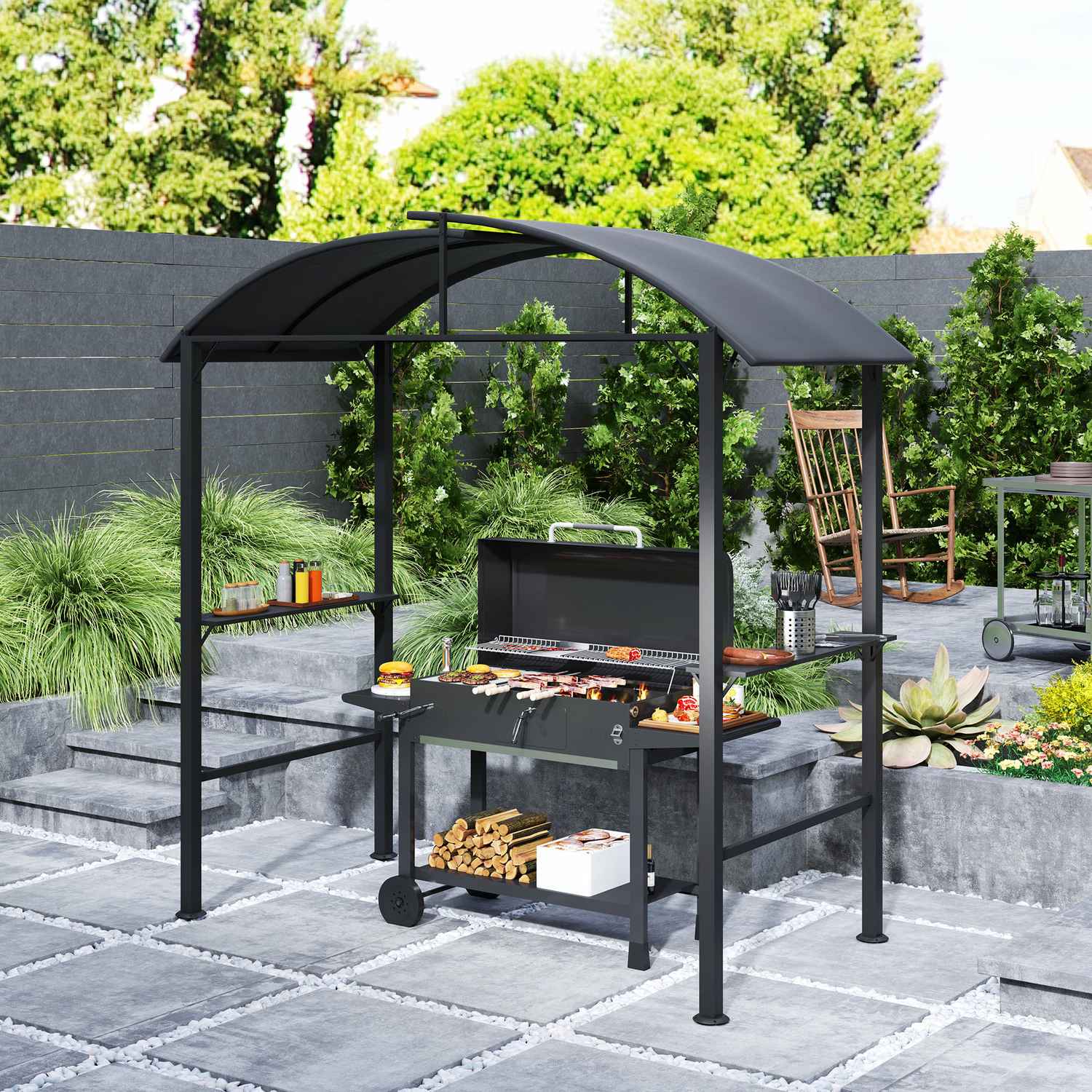 Vindtät grillpaviljong i stål, dubbelt tak, UV-skydd