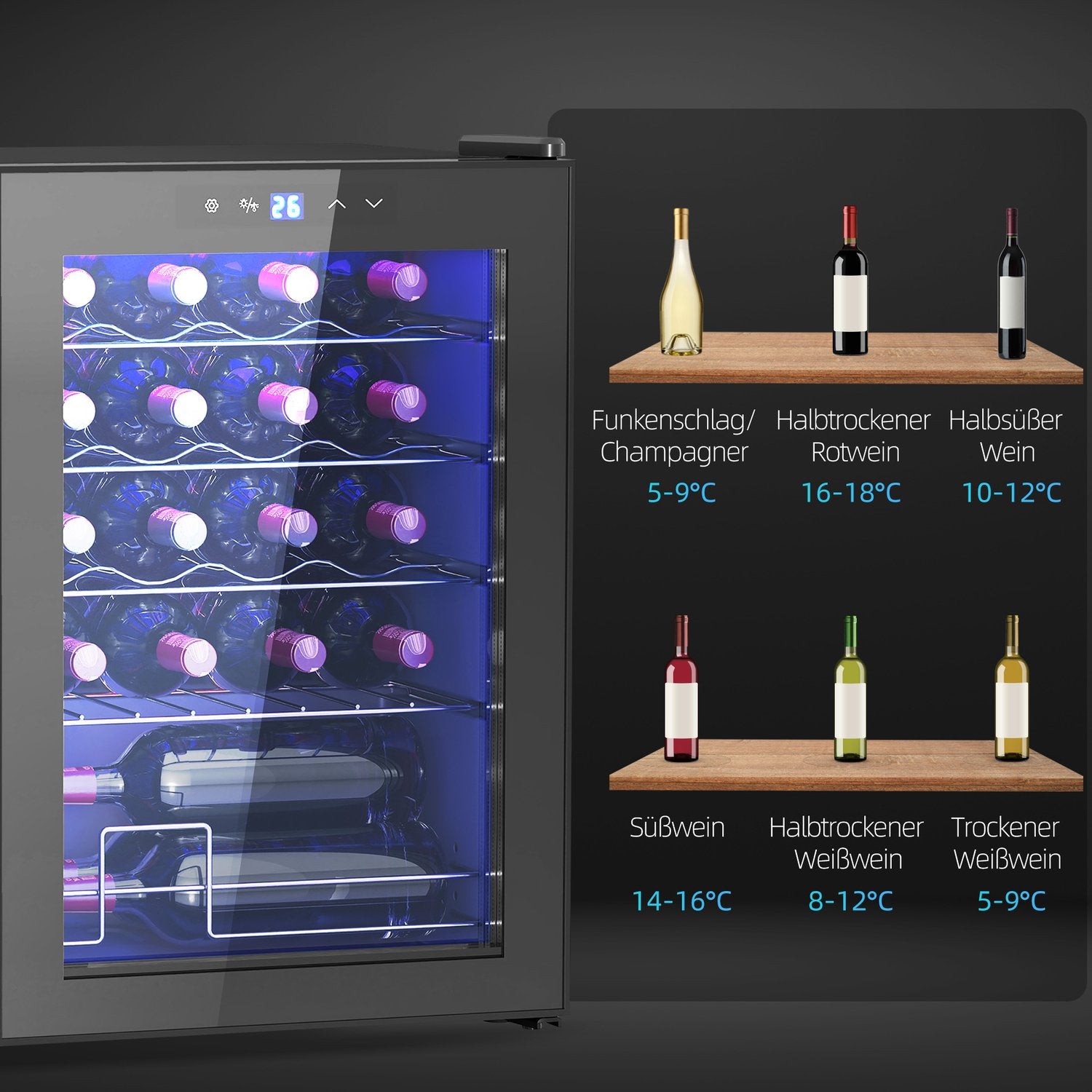 Vinkylskåp 20 flaskor, Anti-UV-glas, LED-ljus