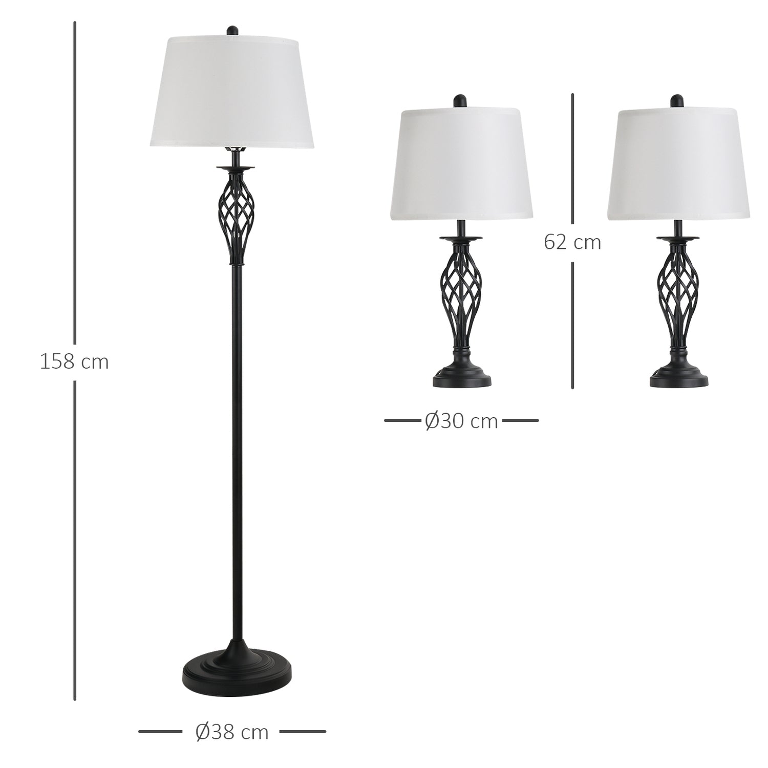 Vintage svart & vit lampsats – 2 bord, 1 golvlampa