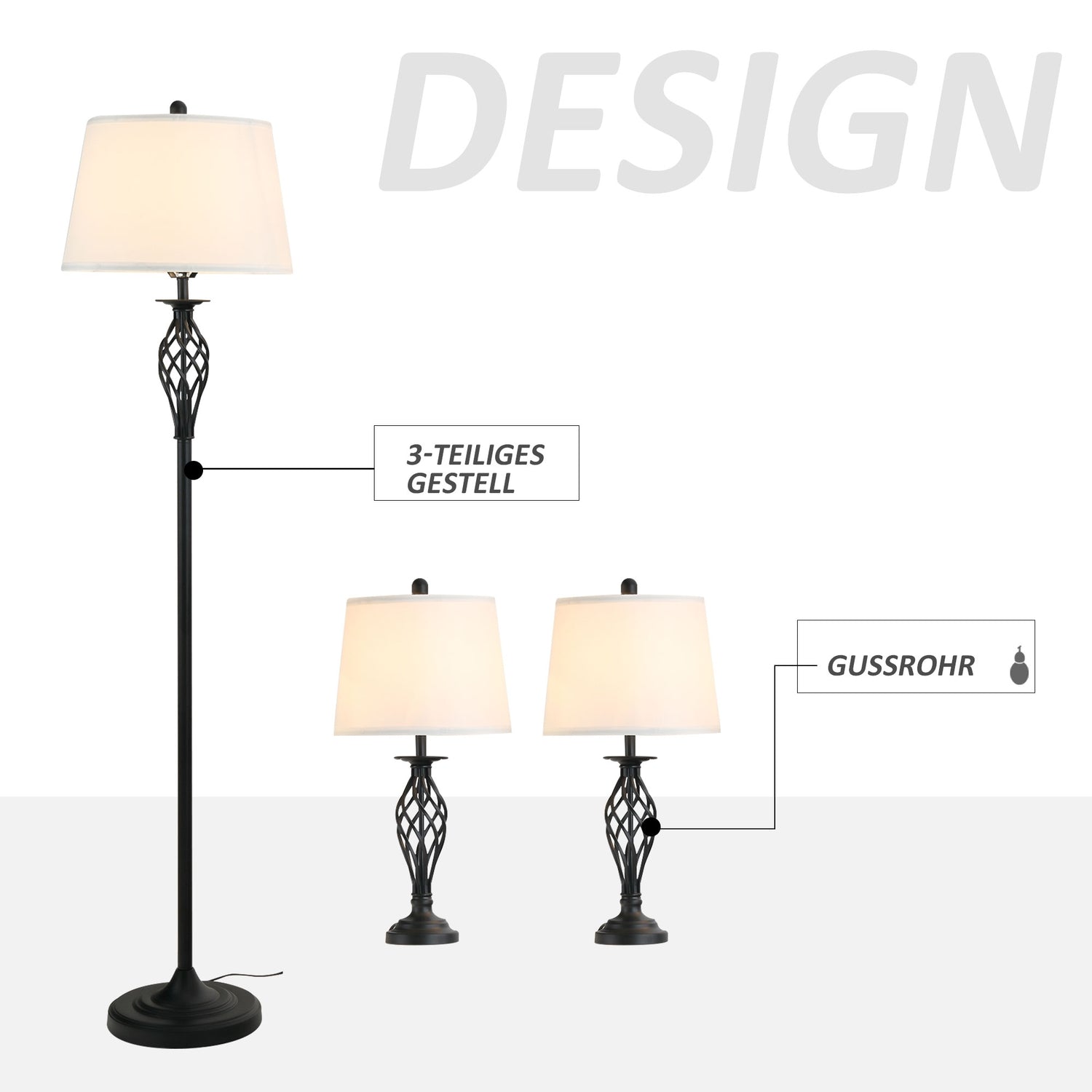 Vintage svart & vit lampsats – 2 bord, 1 golvlampa
