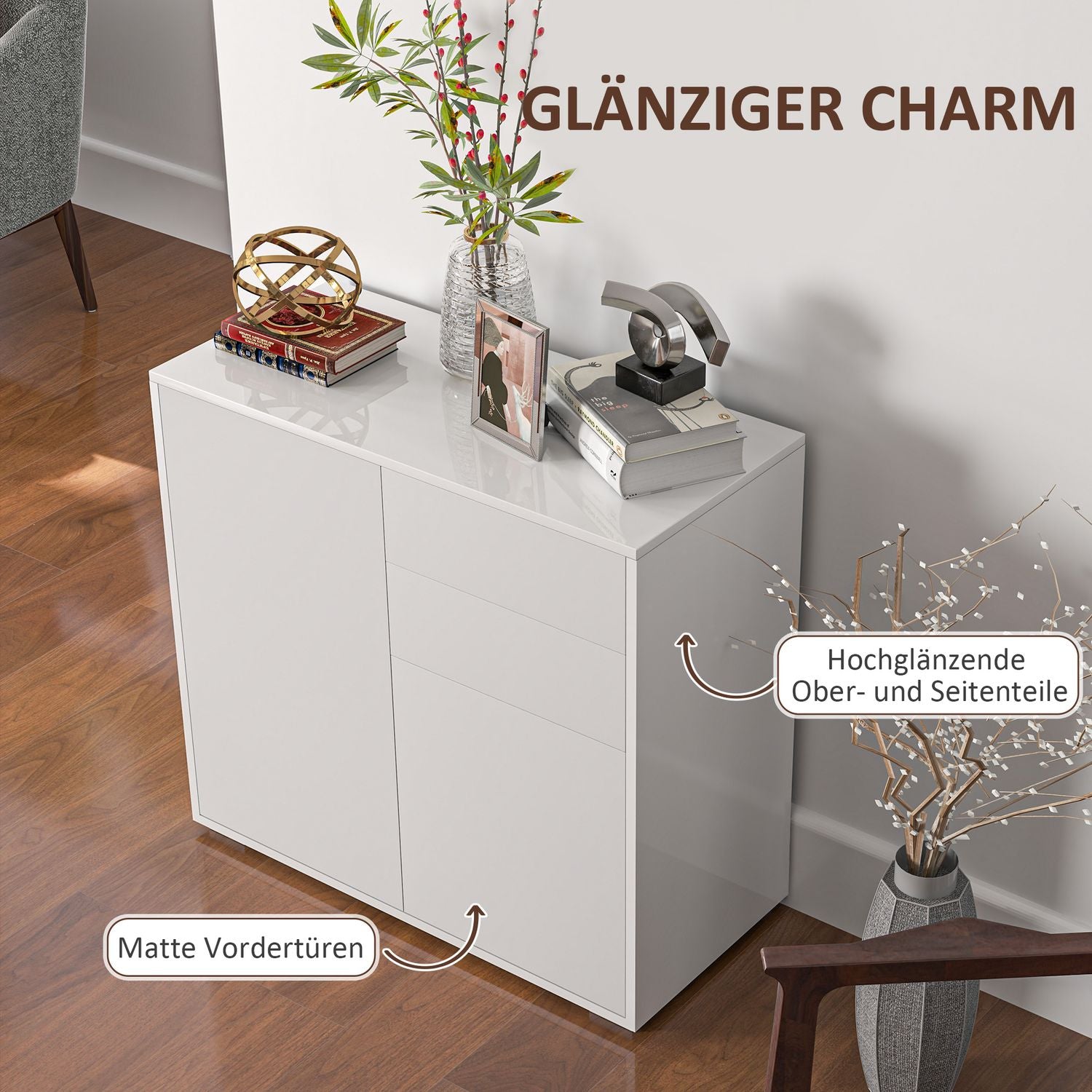 Vit förvaringsskänk – Justerbar hylla & låda, 79x36x75 cm