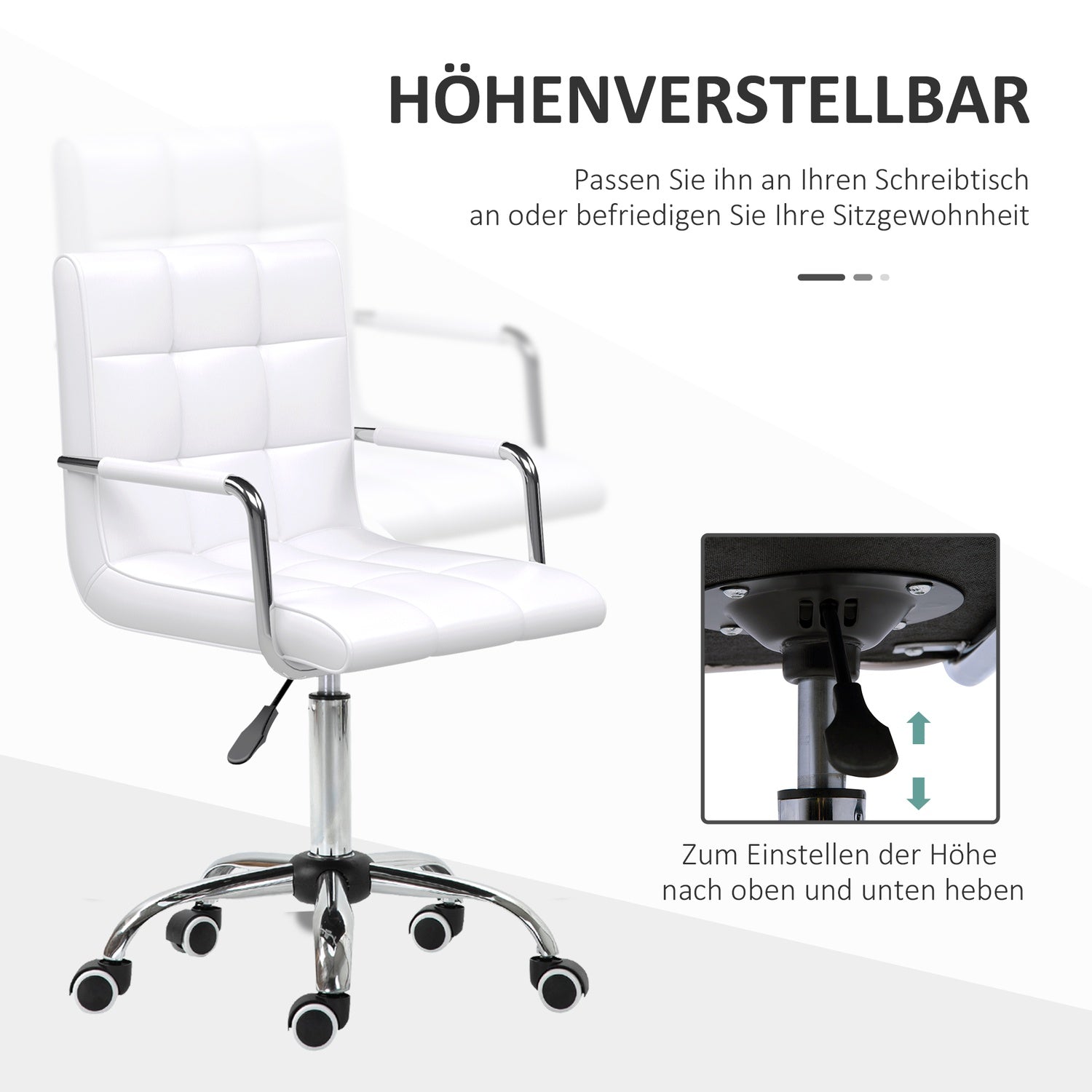 Vit justerbar kontorsstol – vridbar, metallbas, PU-läder
