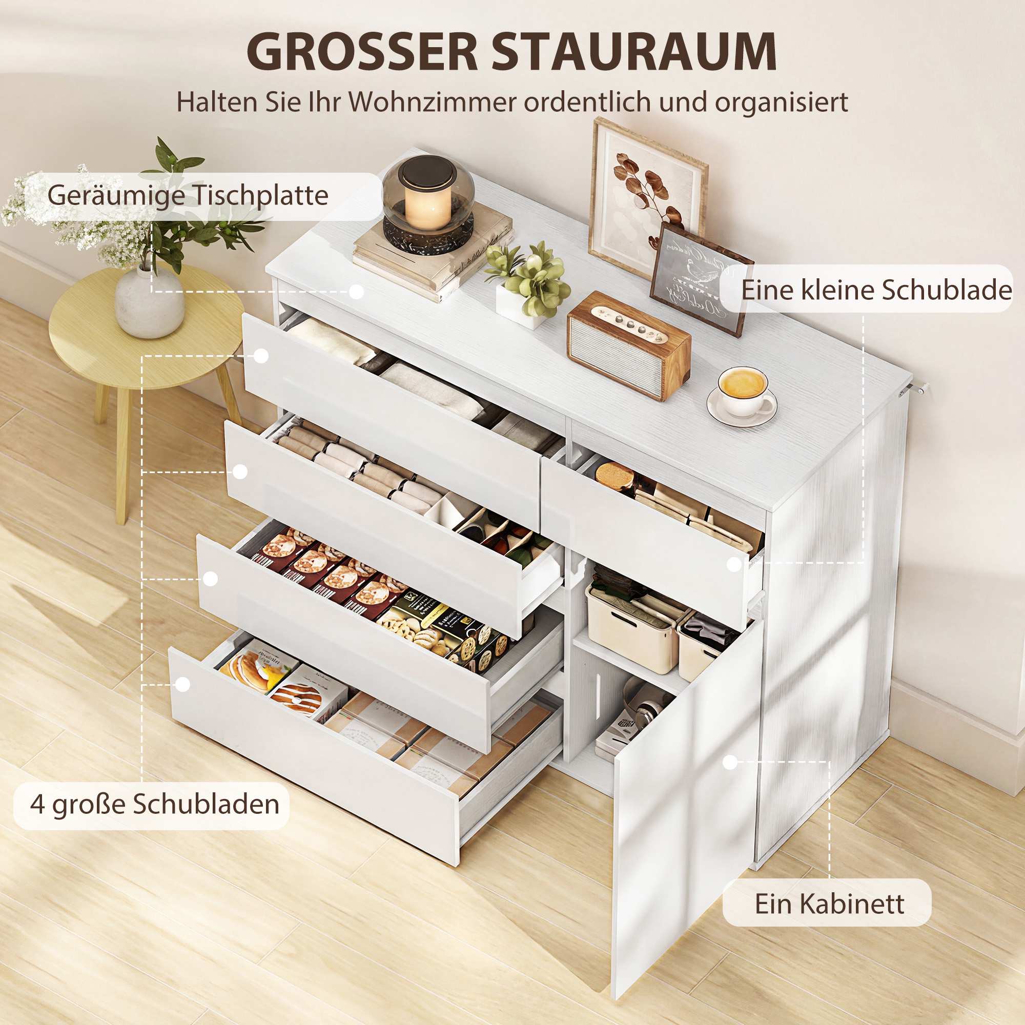 Vitt högglansskänk med 5 lådor och justerbar hylla