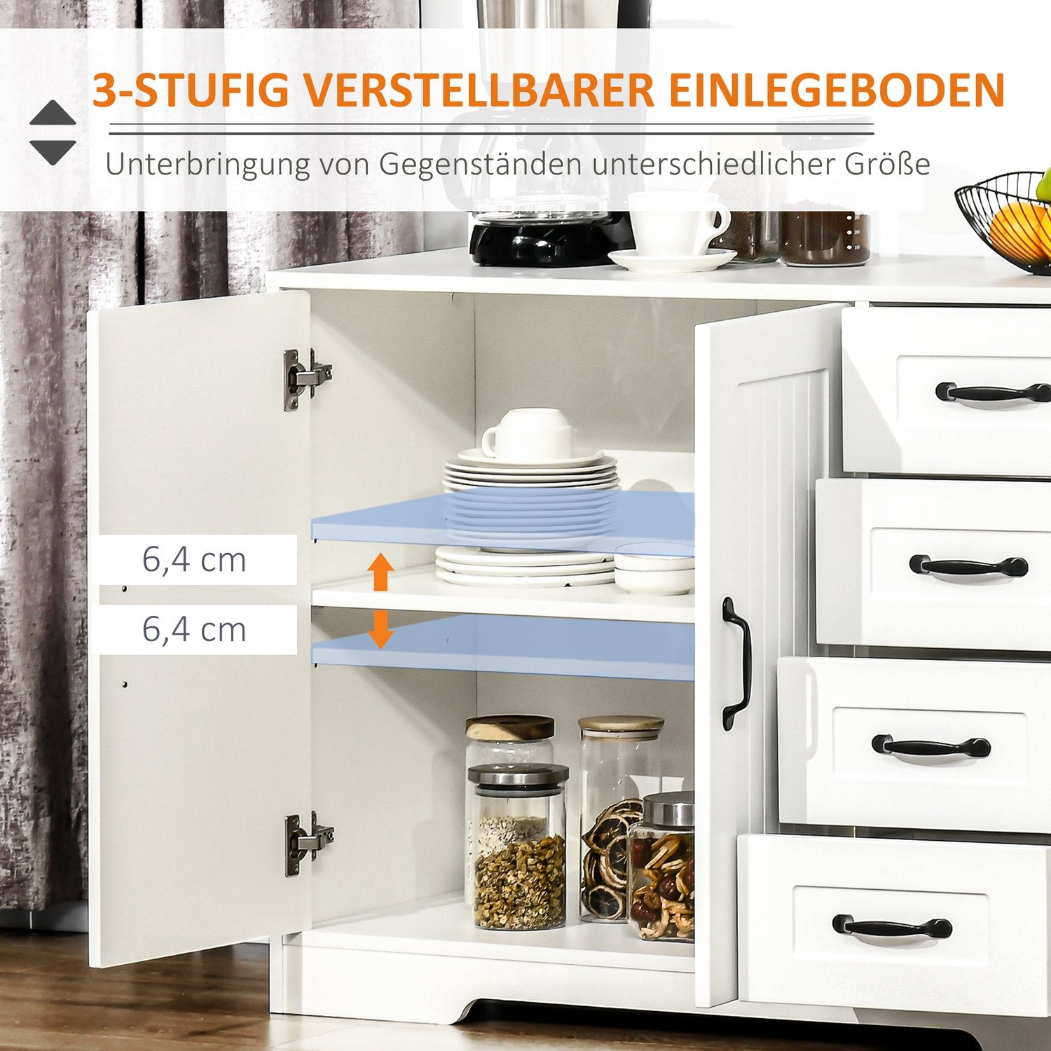 Vitt skänkskåp – 4 lådor & justerbar hylla