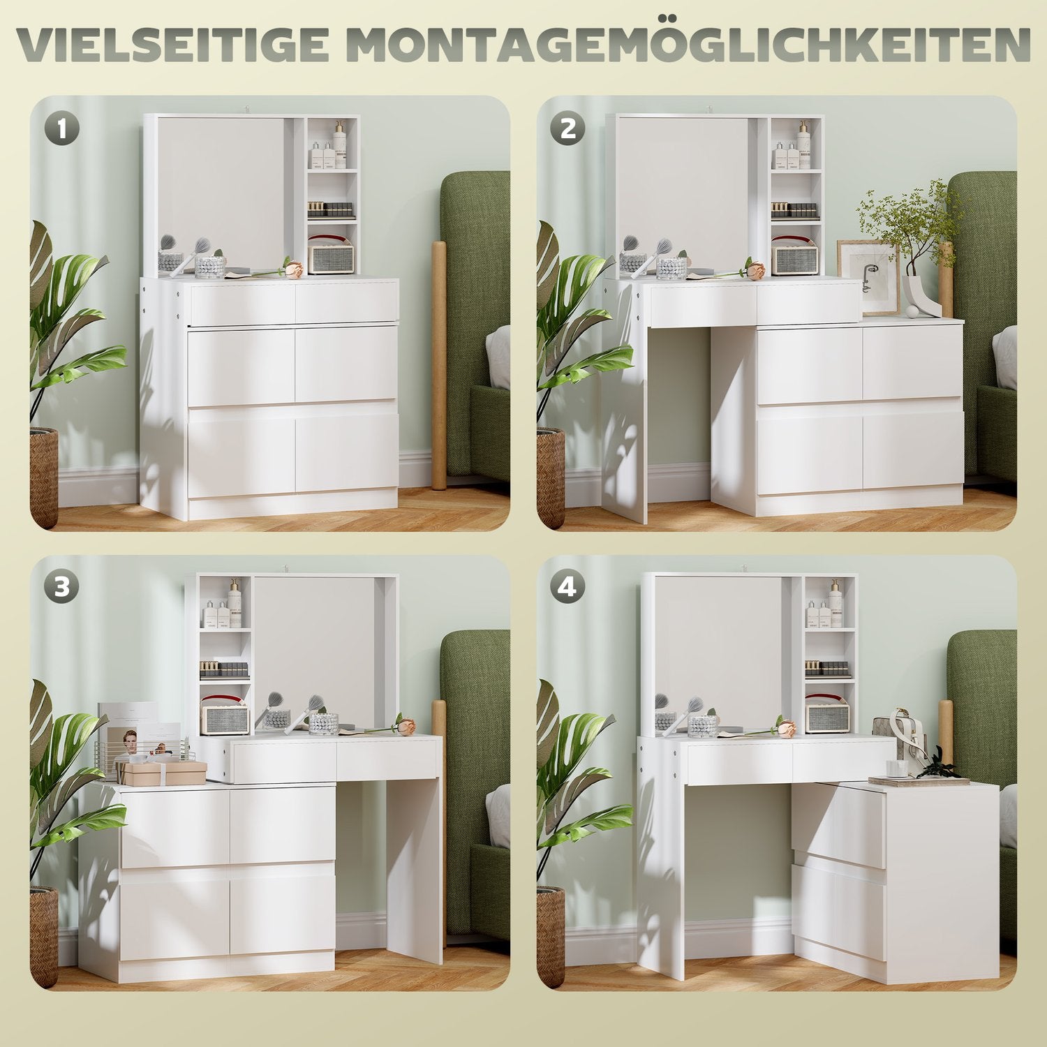 Vitt sminkbord med spegel – 4 lådor & hyllor