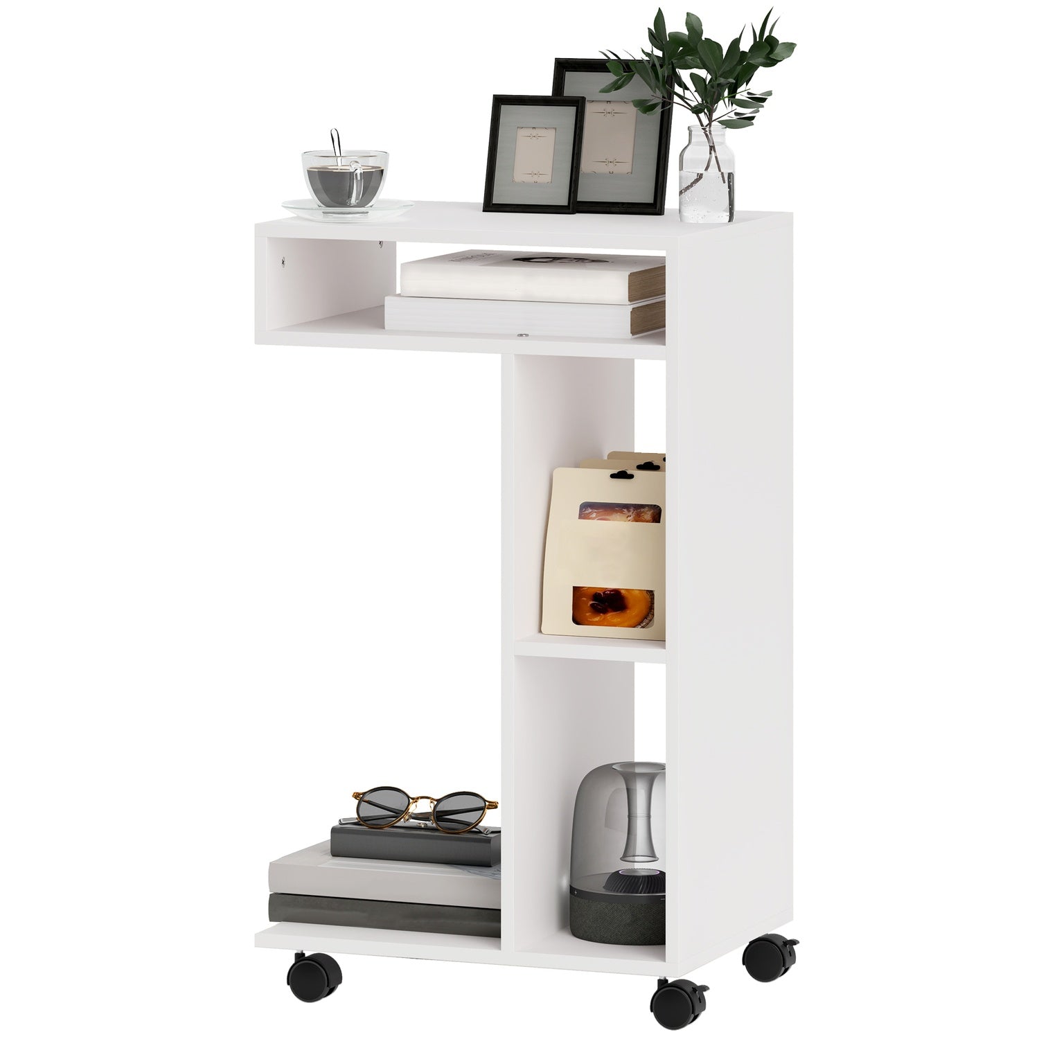 Vitt soffbord med hjul – 4-hyllad flerfunktionsskrivbord