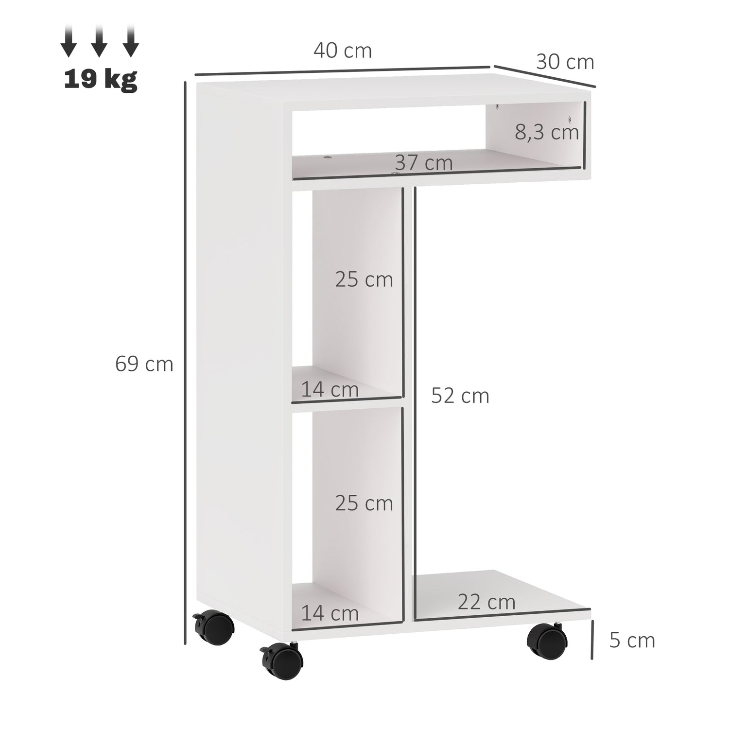 Vitt soffbord med hjul – 4-hyllad flerfunktionsskrivbord