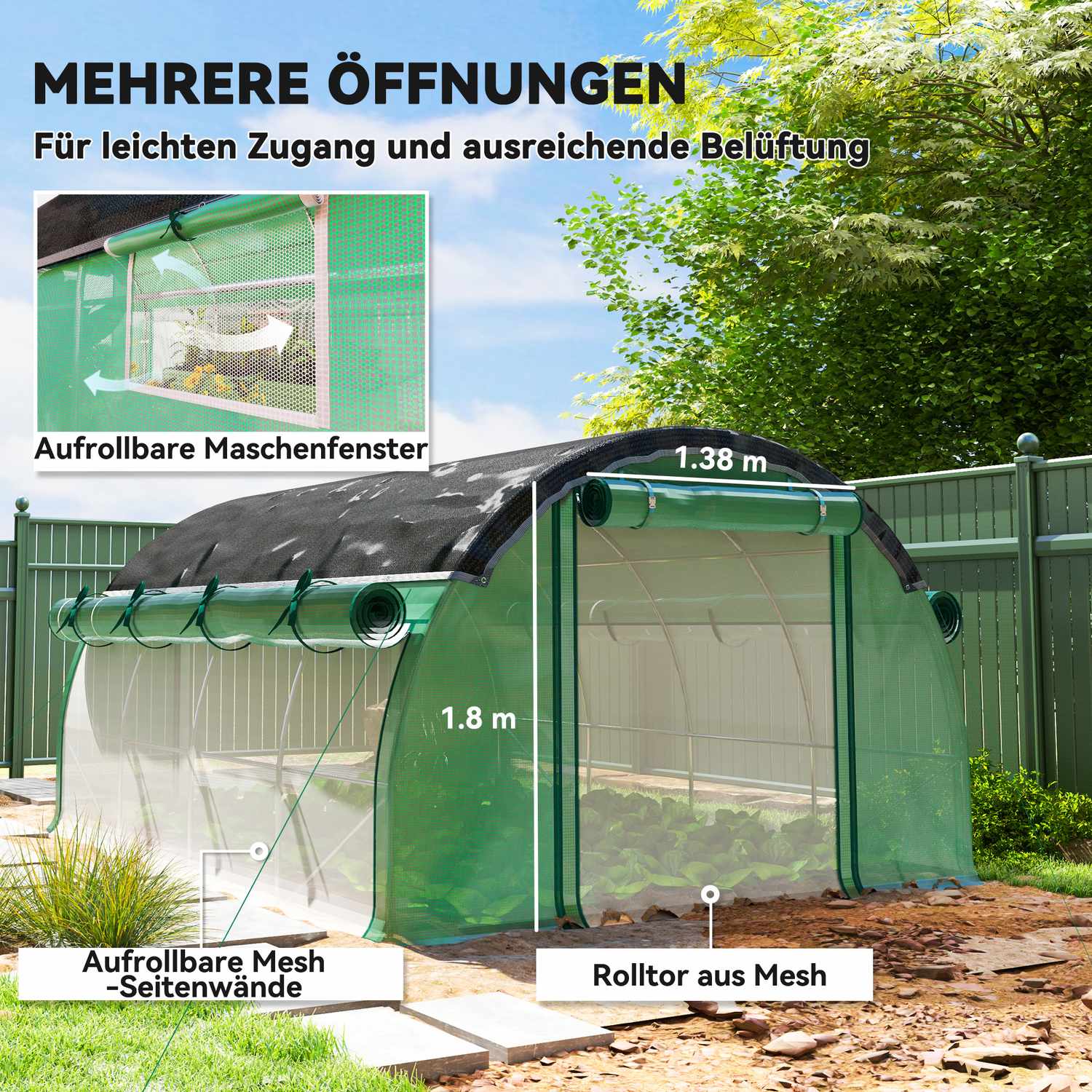 Växthus 4x3x2m, UV-beständig, 8 fönster, vintertät