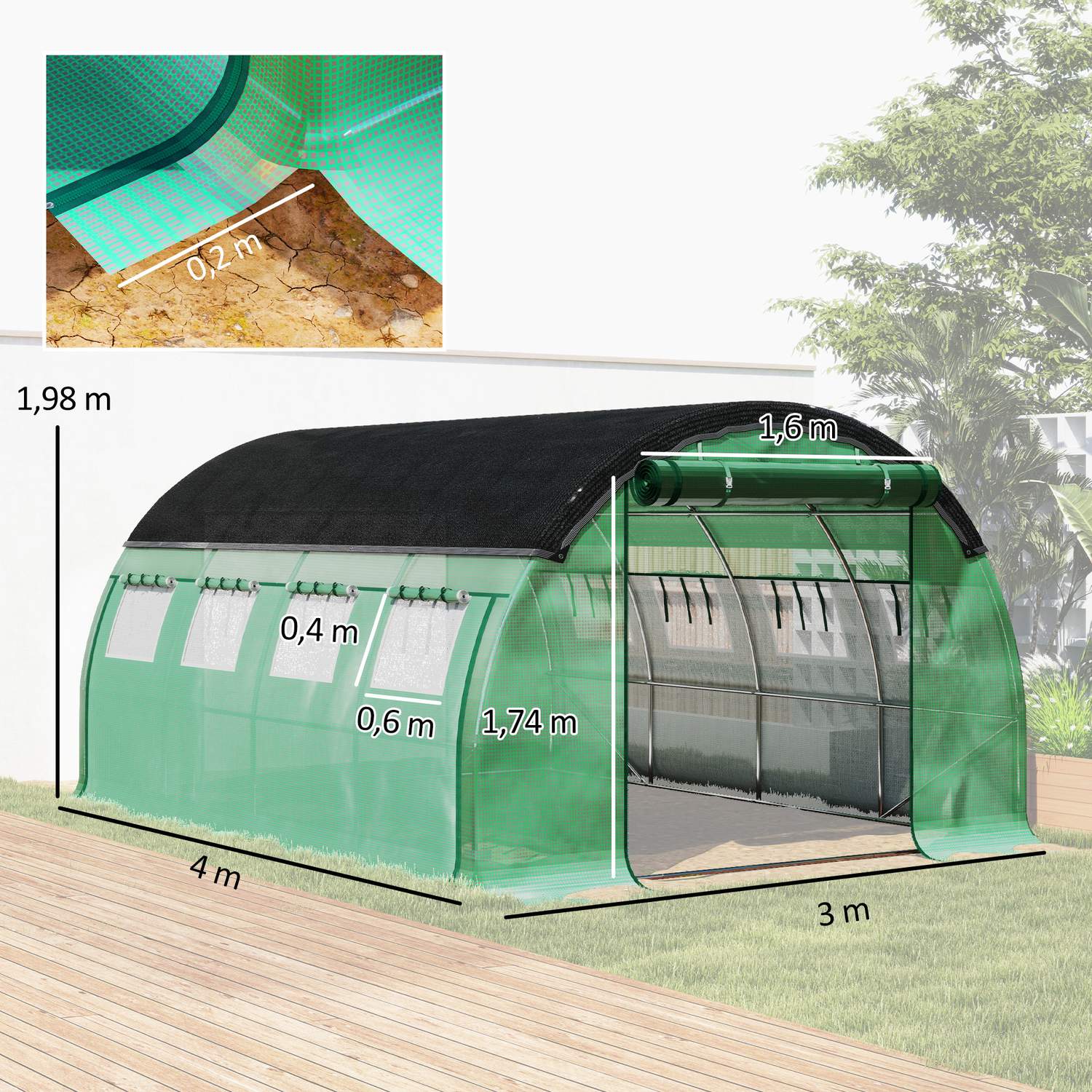 Växthus 4x3x2m, UV-beständig, 8 fönster, vintertät