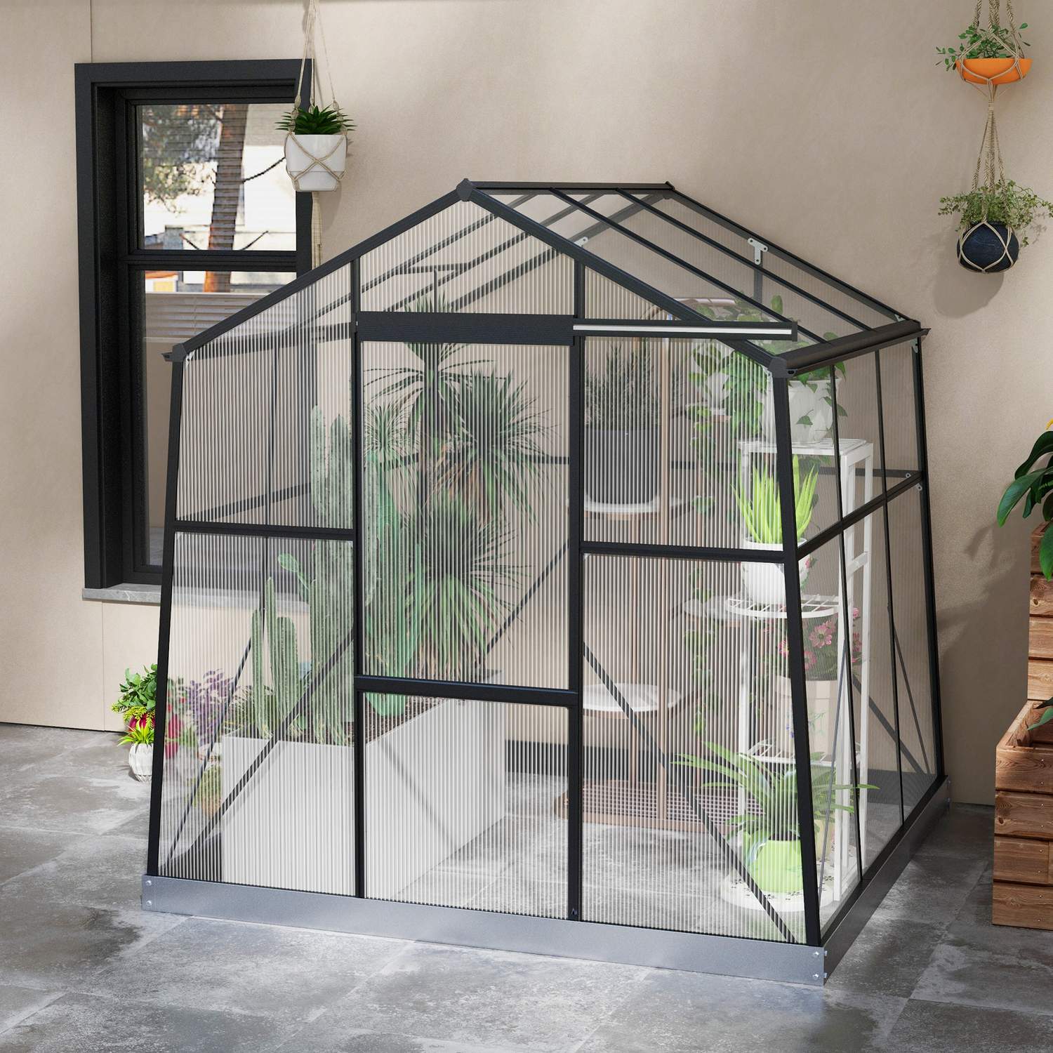 Växthus i aluminium med skjutdörr, 3,68 m², svart