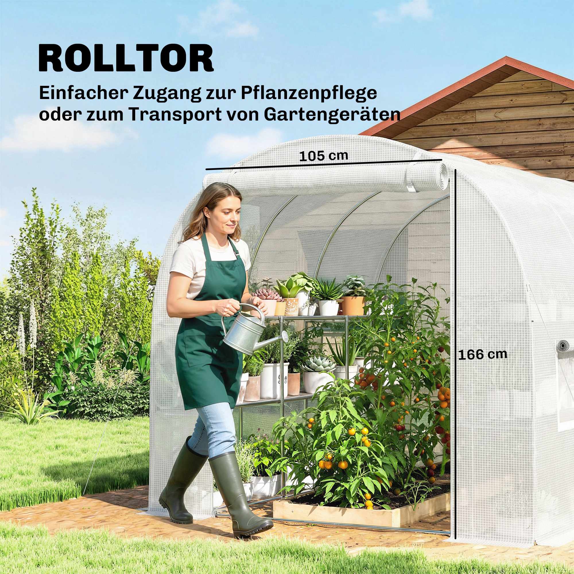 Växthus med hyllor, rulldörr, 6 nätfönster