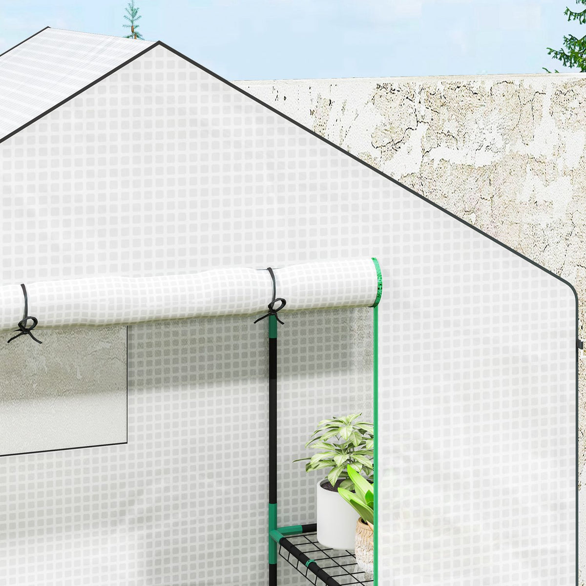 Serre à porte enroulable et étagères pour le jardin