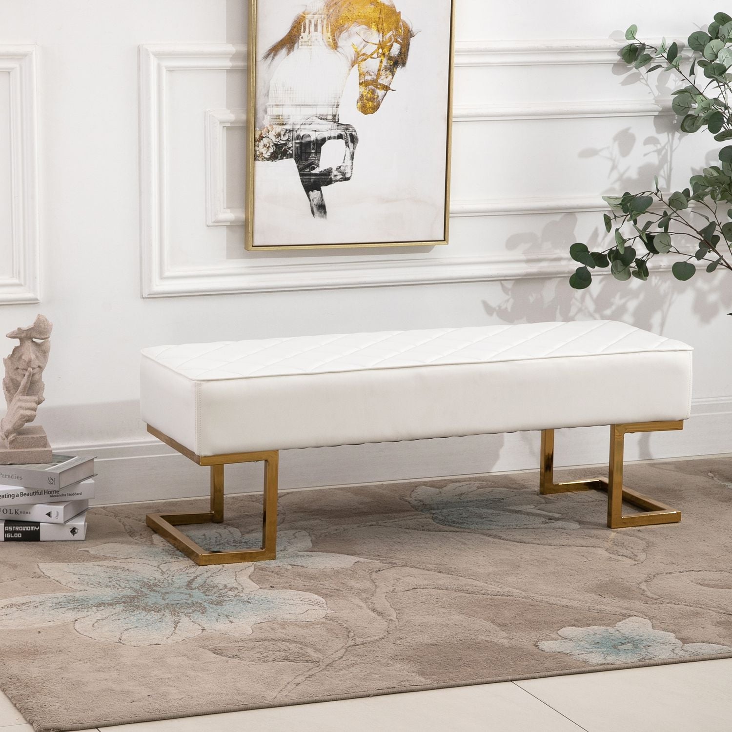 White & Gold Faux Leather Bänk – 120x43x42 cm