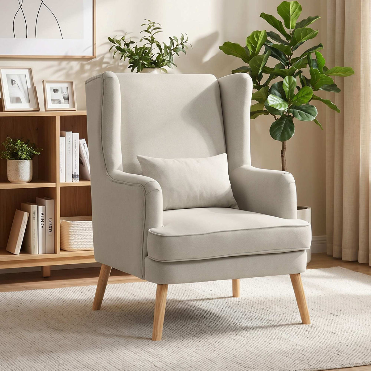 Wingback-accentfåtölj, linne-look beige, ländryggskudde