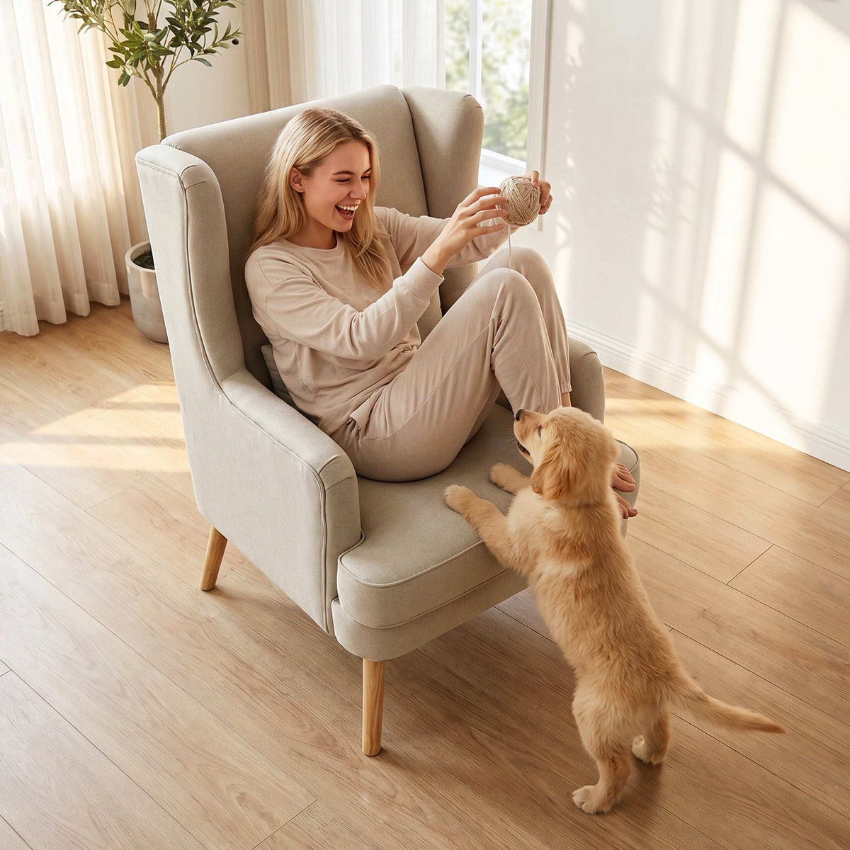 Wingback-accentfåtölj, linne-look beige, ländryggskudde