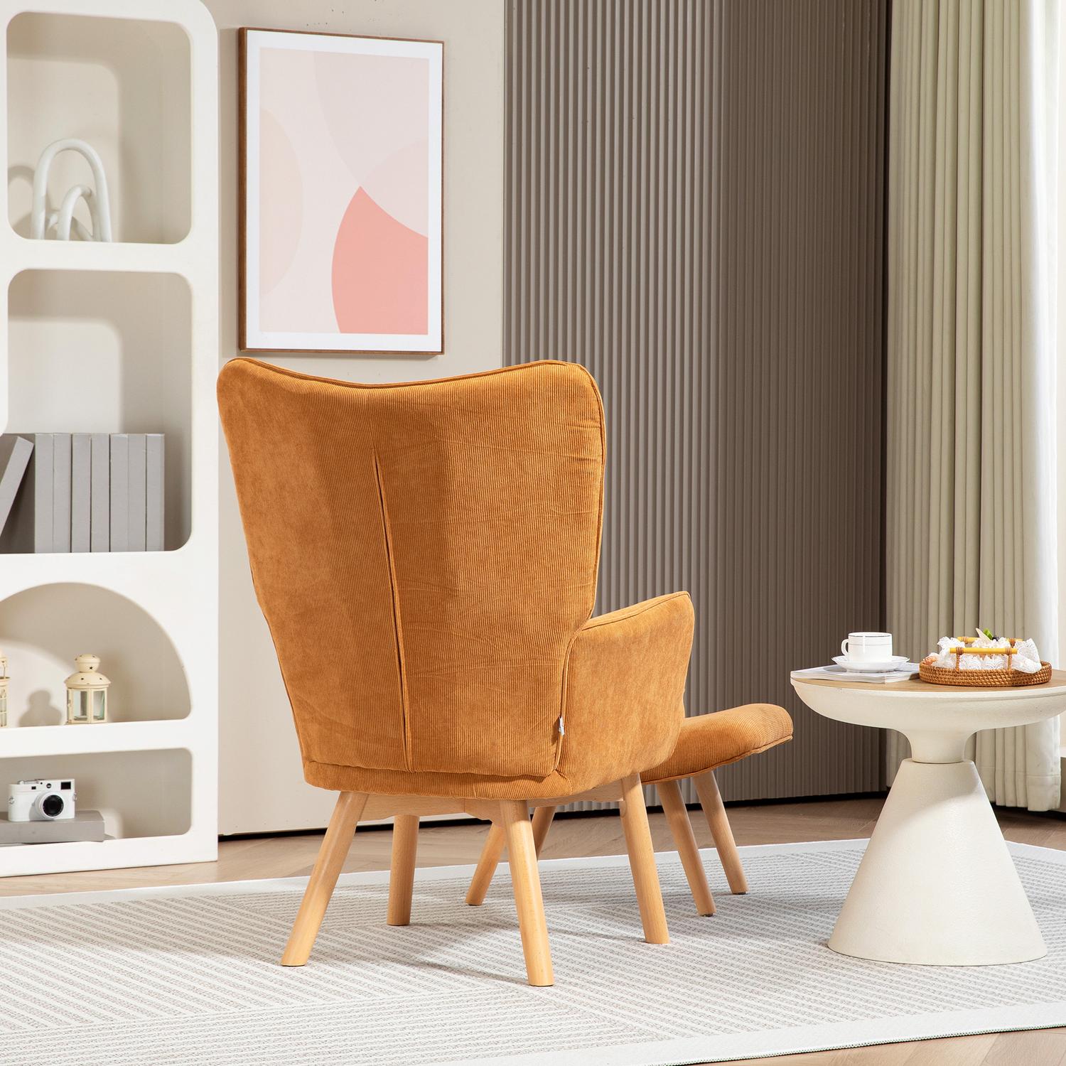 Wingback fåtölj med pall – Tuftad manchester, brun