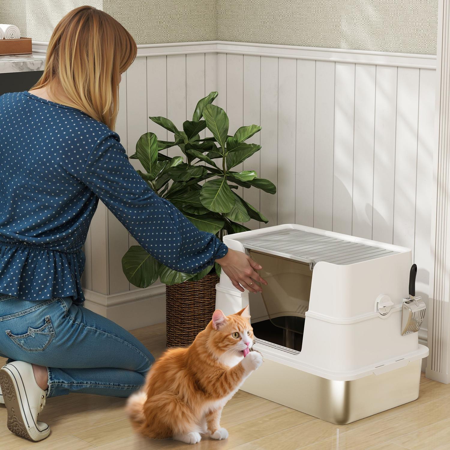 XL kattlåda i rostfritt stål, skopa ingår, ljusgrå