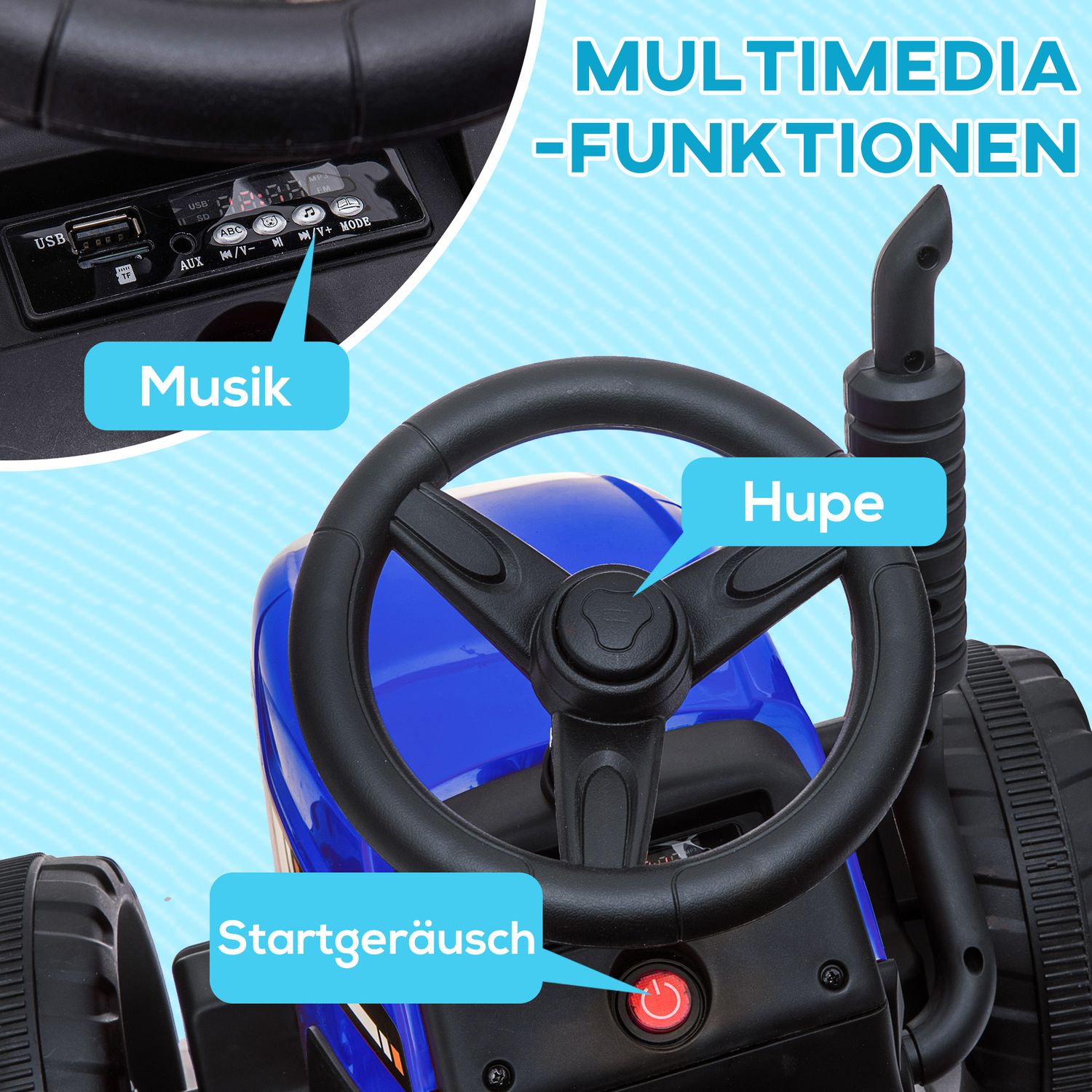Åktraktor för barn med fjärrkontroll, MP3, strålkastare, blå